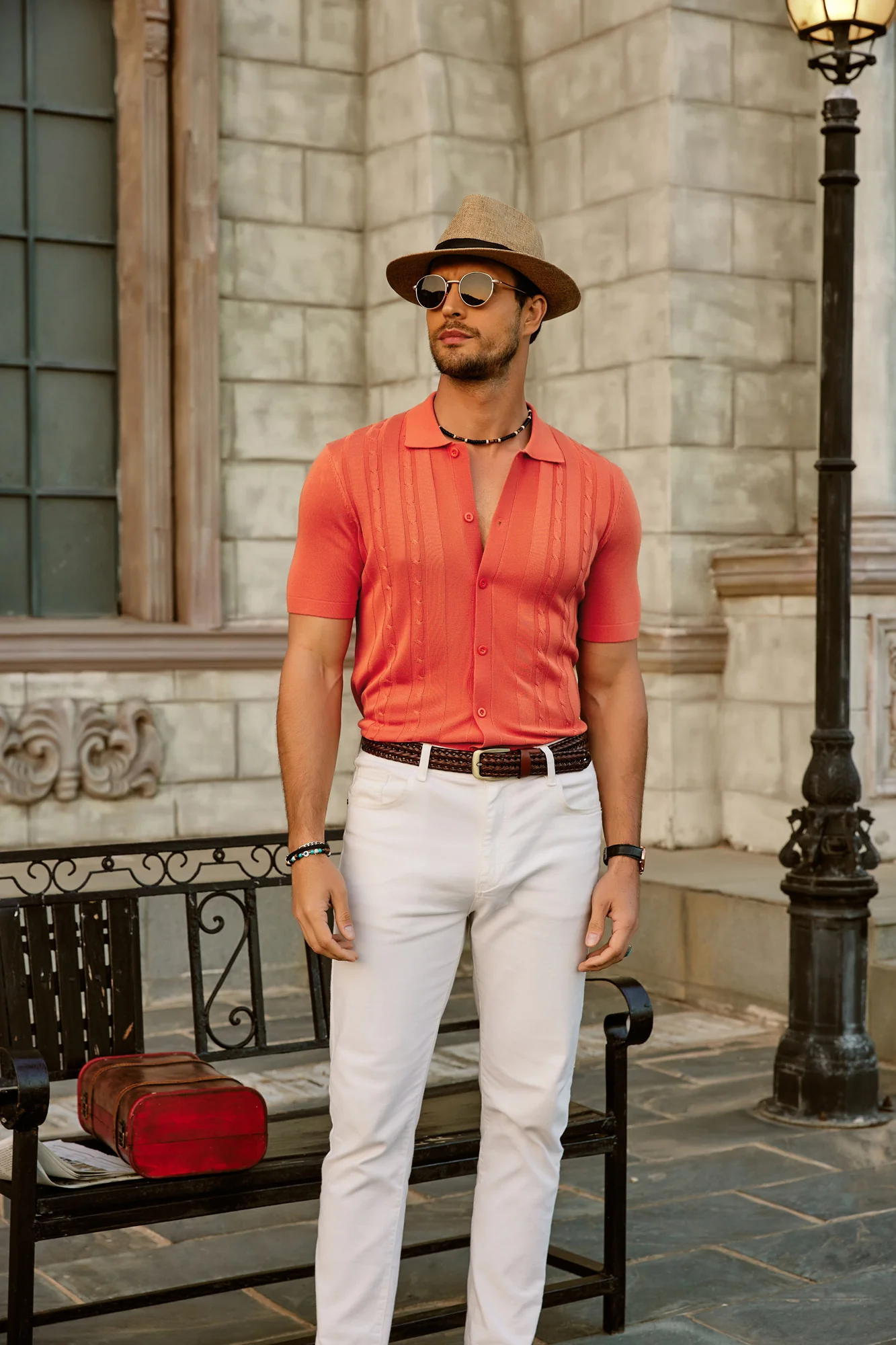 Mens Polo Shirts Vintage Striped Button Down Knitted Golf Cardigans Shirts - Image 8