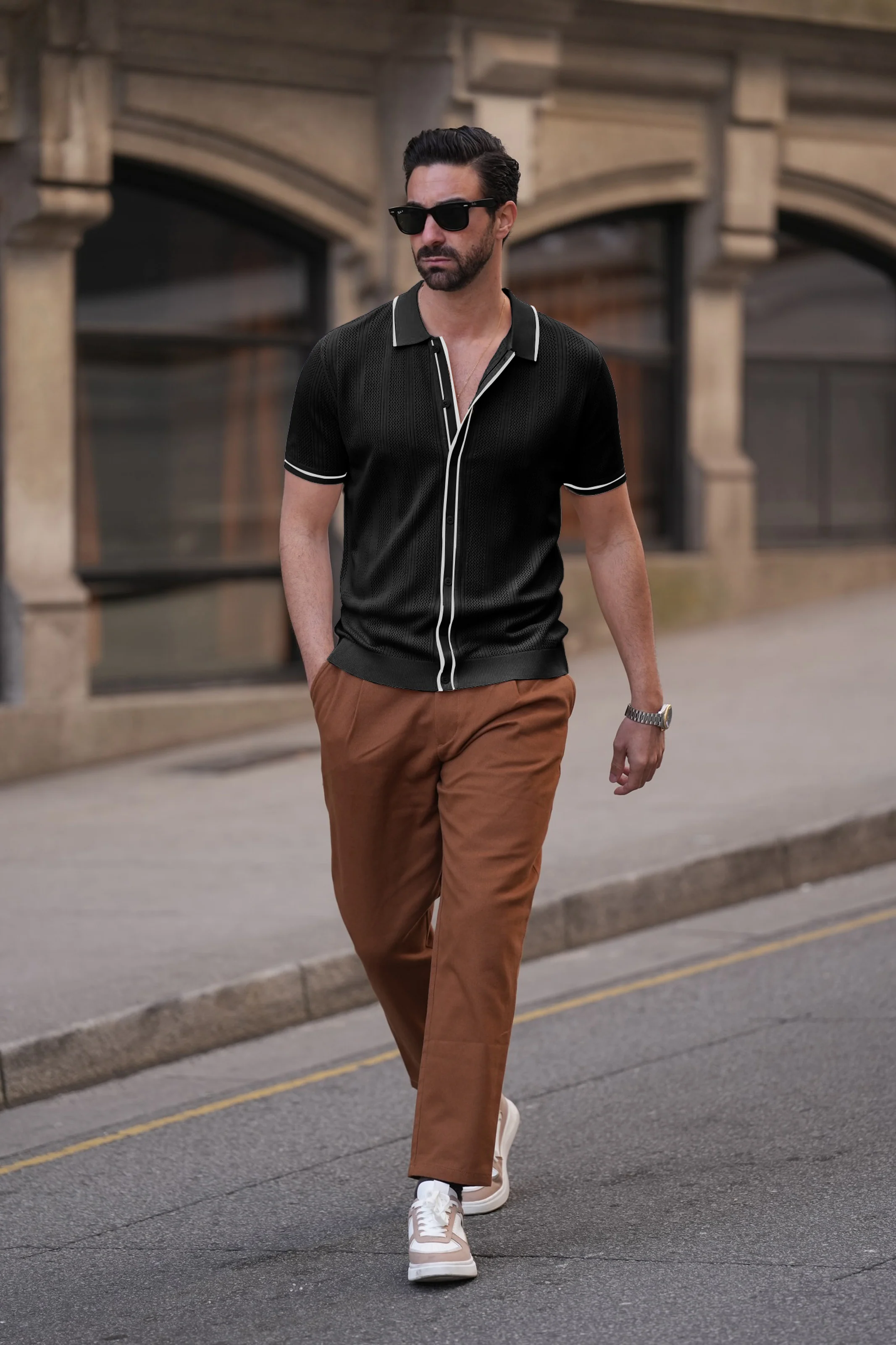 Men's Polo Shirt Vintage Short Sleeve Knit Cardigans  Shirts Casual Lightweight Hollow Out Shirt - Image 11