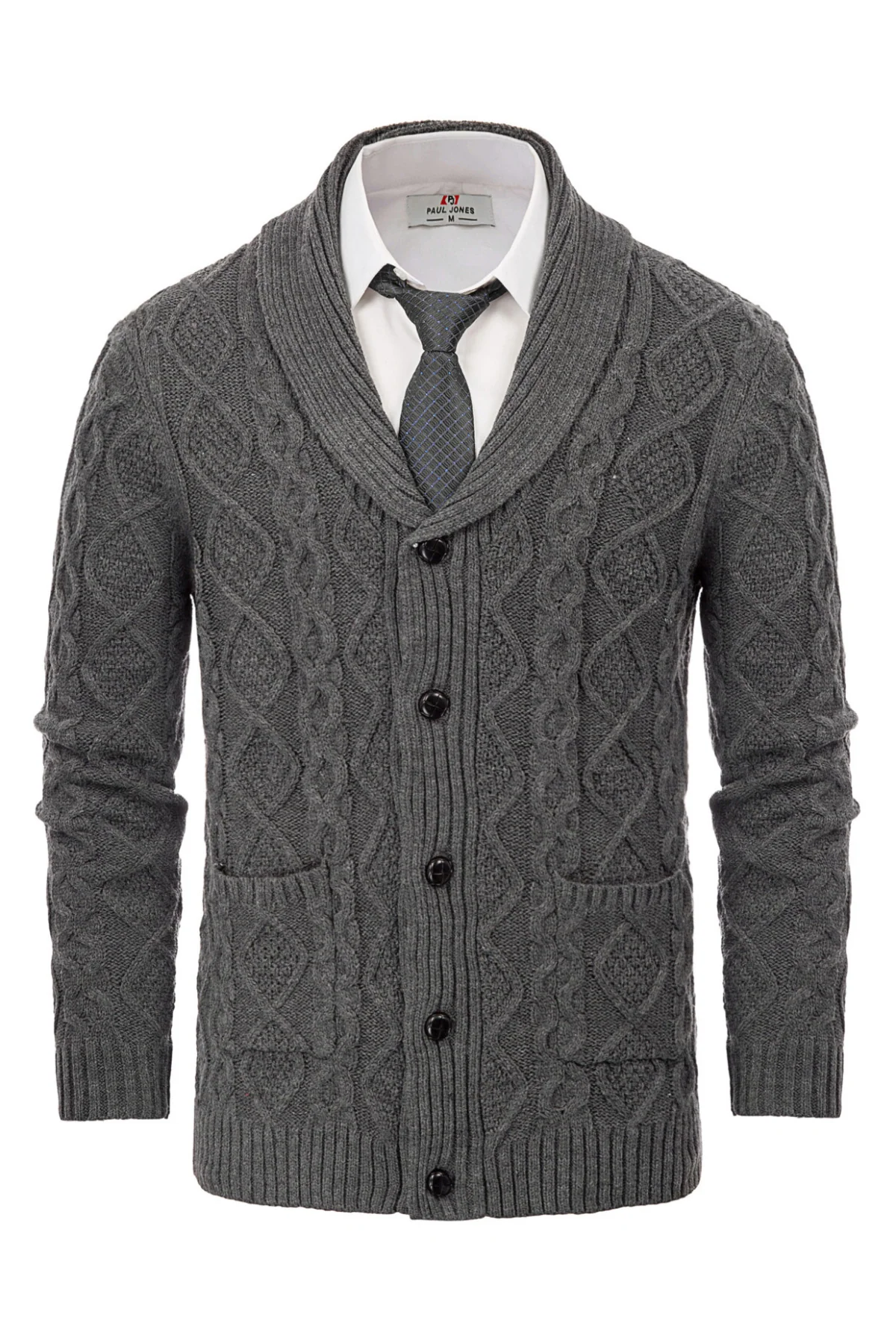 Men's Shawl Collar Cardigan Sweaters Cable Knitted Aran Sweater with Buttons - Image 3