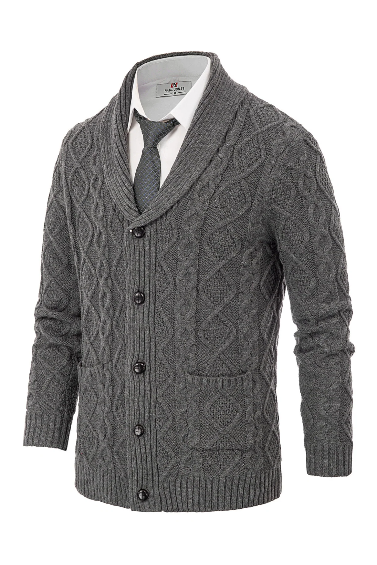 Men's Shawl Collar Cardigan Sweaters Cable Knitted Aran Sweater with Buttons - Image 4
