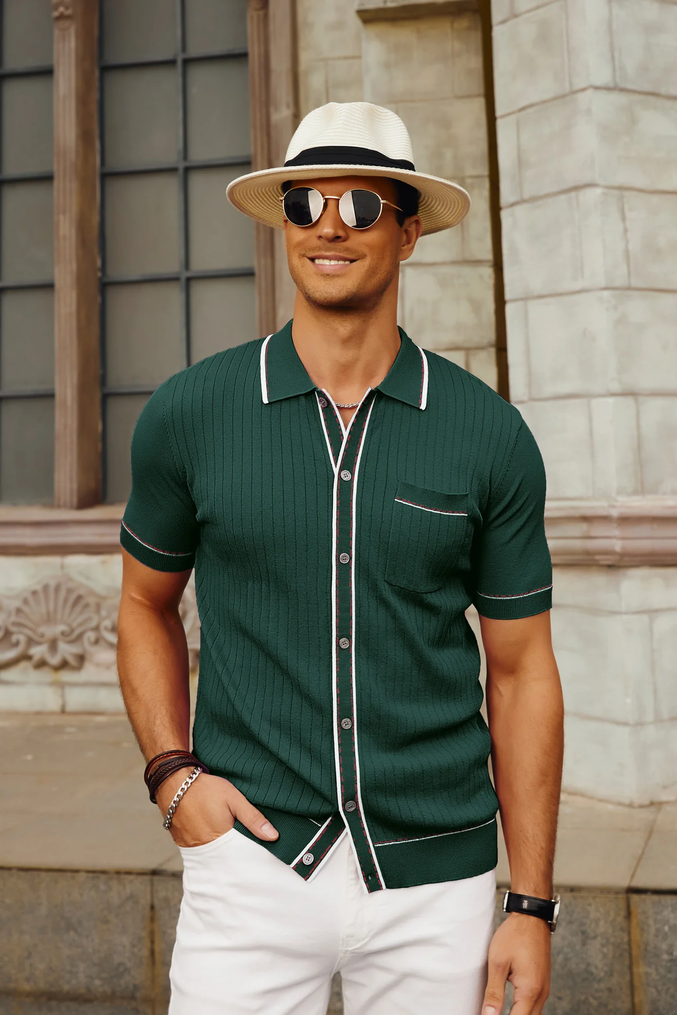 Men's Short Sleeve Knit Polo Cardigans Shirts Vintage Golf Polo Shirt - Image 25