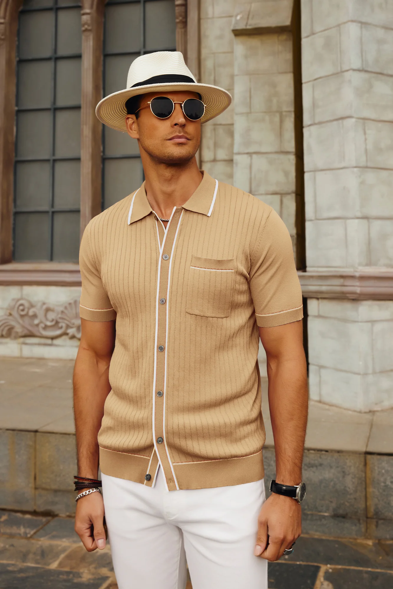 Men's Short Sleeve Knit Polo Cardigans Shirts Vintage Golf Polo Shirt - Image 36