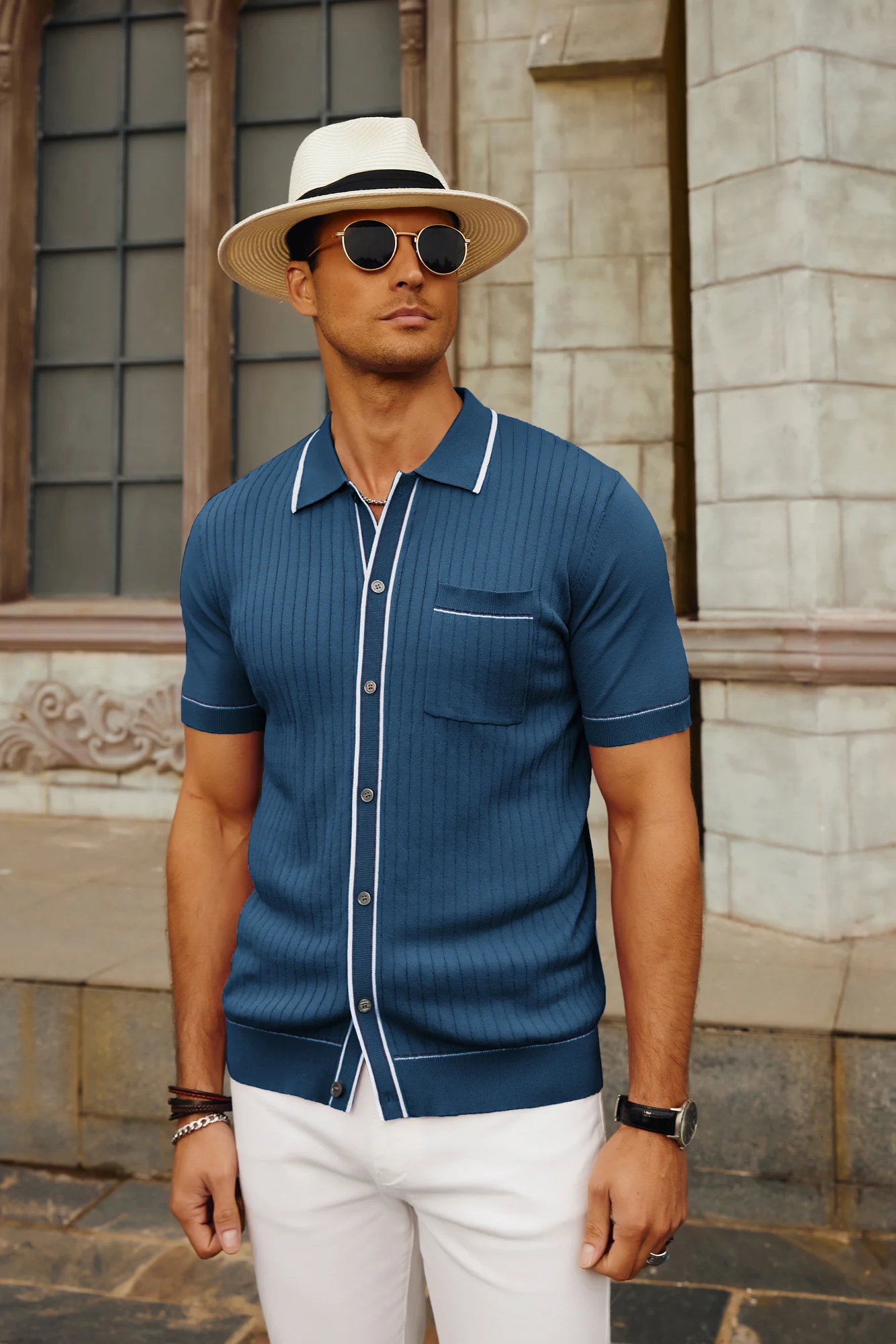 Men's Short Sleeve Knit Polo Cardigans Shirts Vintage Golf Polo Shirt - Image 39