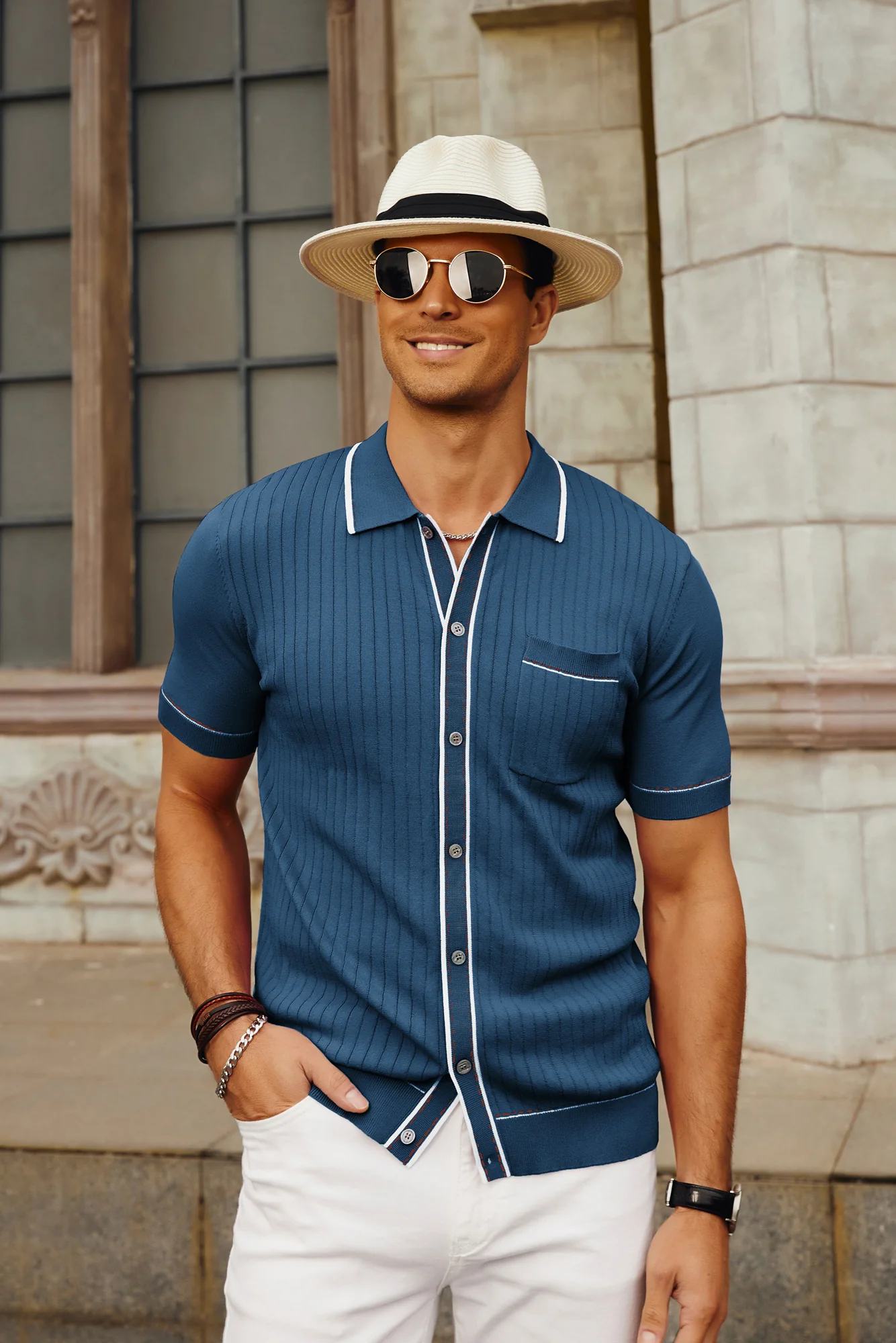 Men's Short Sleeve Knit Polo Cardigans Shirts Vintage Golf Polo Shirt - Image 42