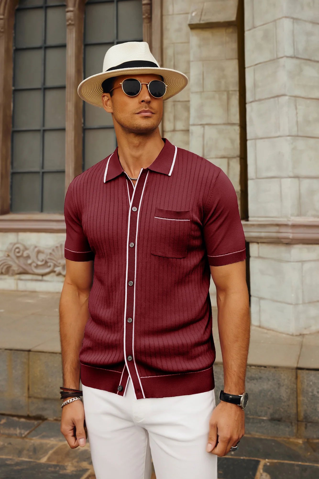 Men's Short Sleeve Knit Polo Cardigans Shirts Vintage Golf Polo Shirt - Image 47