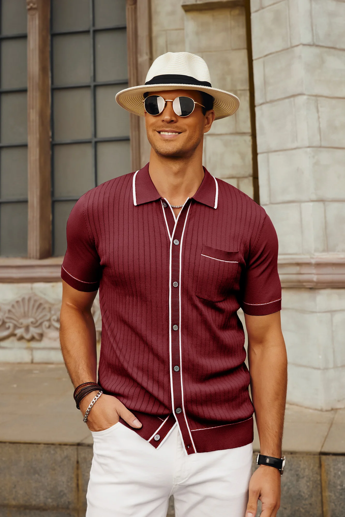 Men's Short Sleeve Knit Polo Cardigans Shirts Vintage Golf Polo Shirt - Image 48