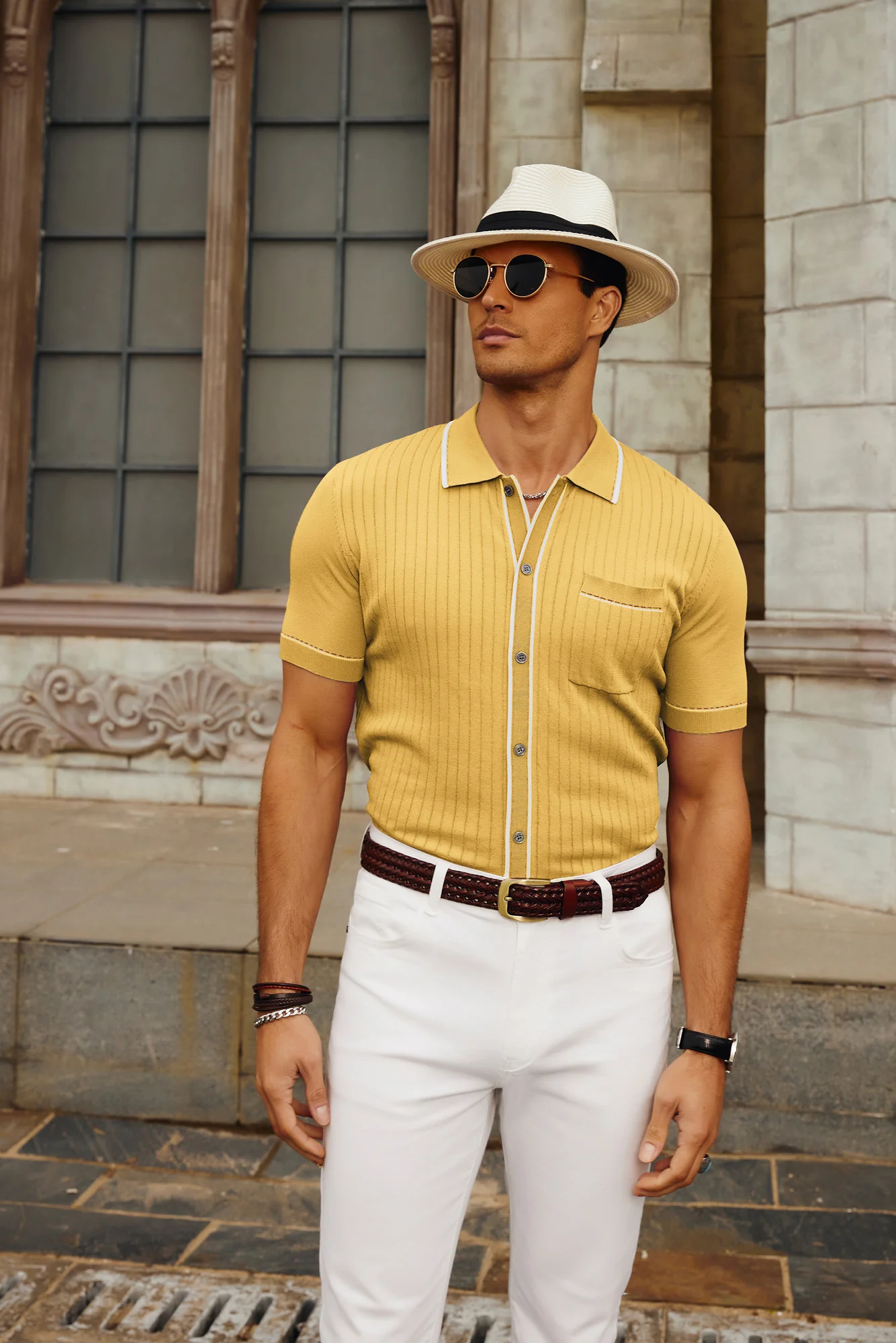 Men's Short Sleeve Knit Polo Cardigans Shirts Vintage Golf Polo Shirt - Image 52