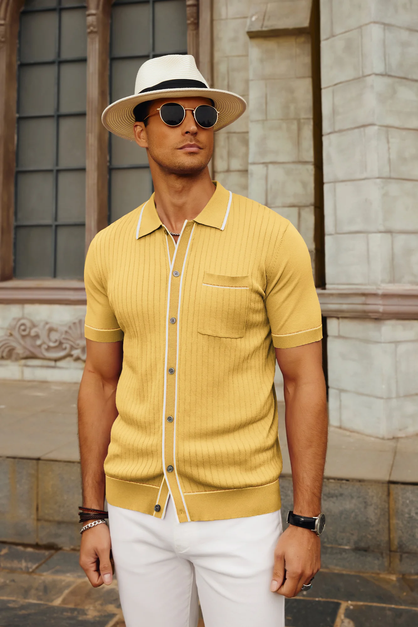 Men's Short Sleeve Knit Polo Cardigans Shirts Vintage Golf Polo Shirt - Image 53