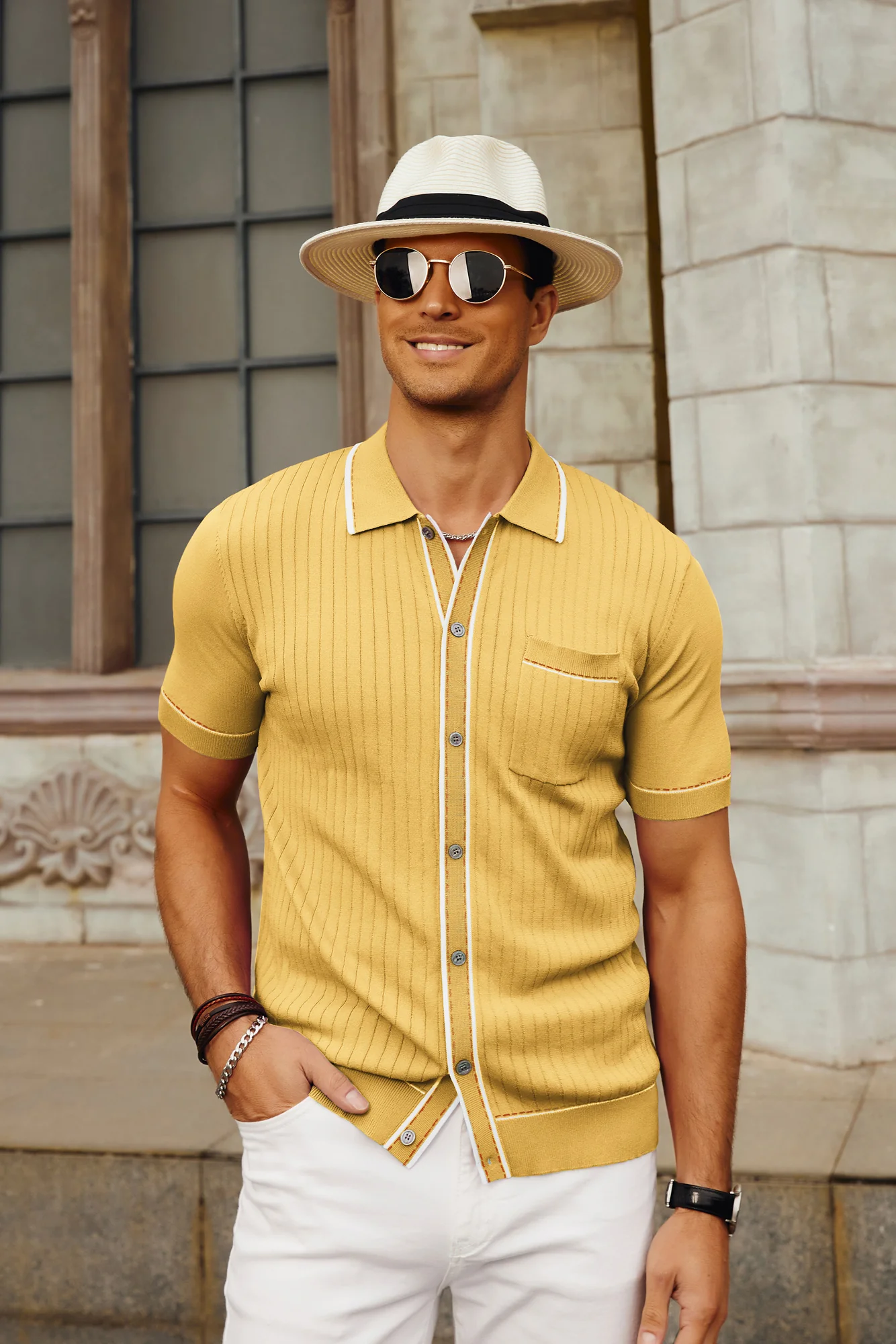 Men's Short Sleeve Knit Polo Cardigans Shirts Vintage Golf Polo Shirt - Image 54