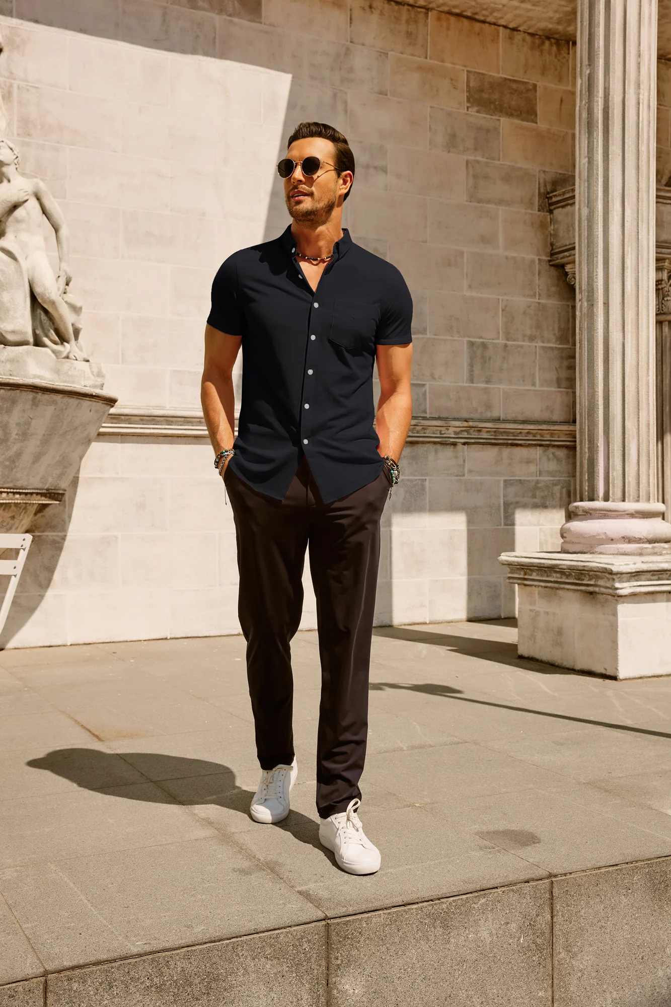Men's Short Sleeve Oxford Shirt Slim Fit Button Down Cardigans Shirts with Chest Pocket - Image 21