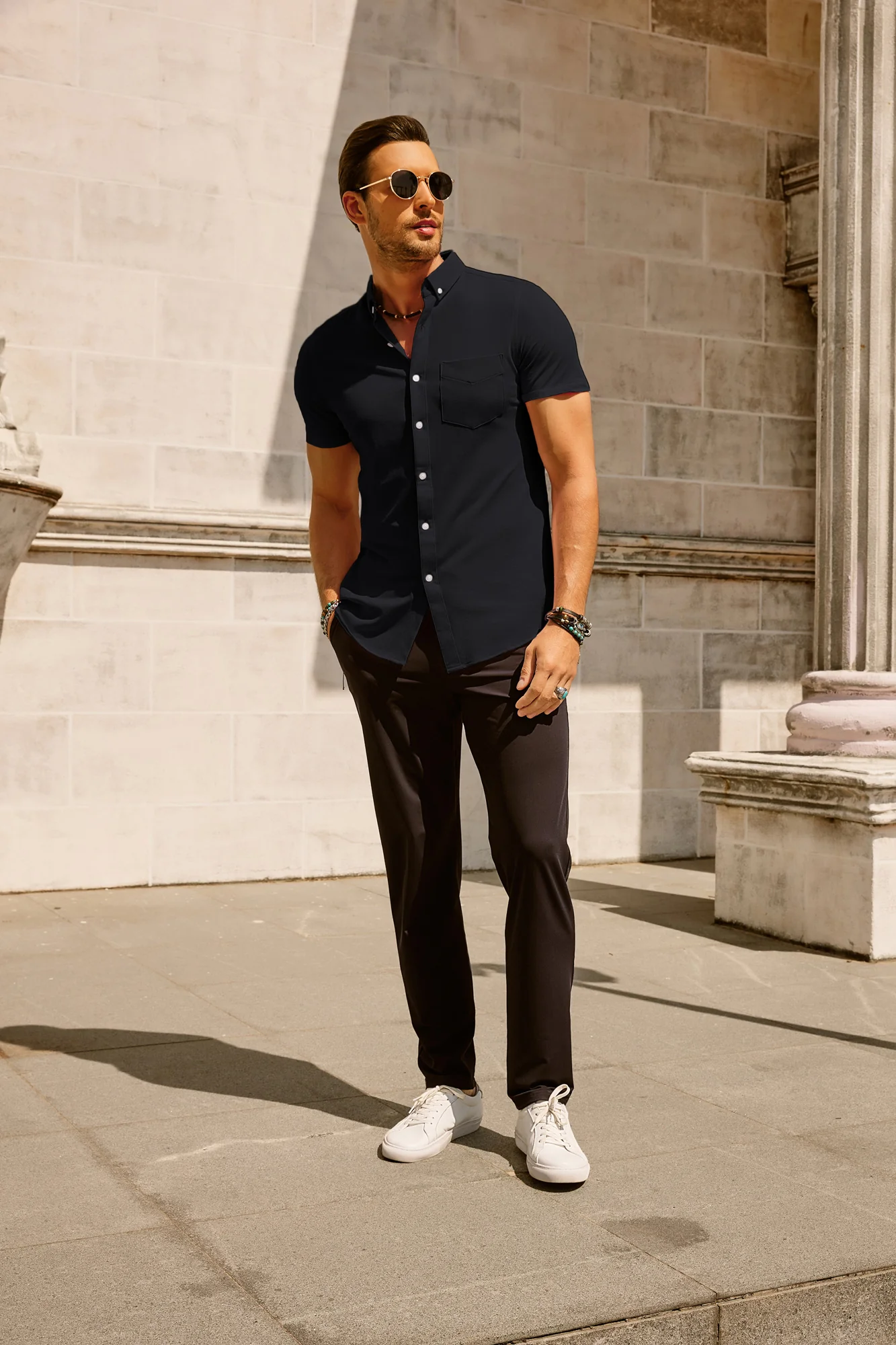 Men's Short Sleeve Oxford Shirt Slim Fit Button Down Cardigans Shirts with Chest Pocket - Image 22
