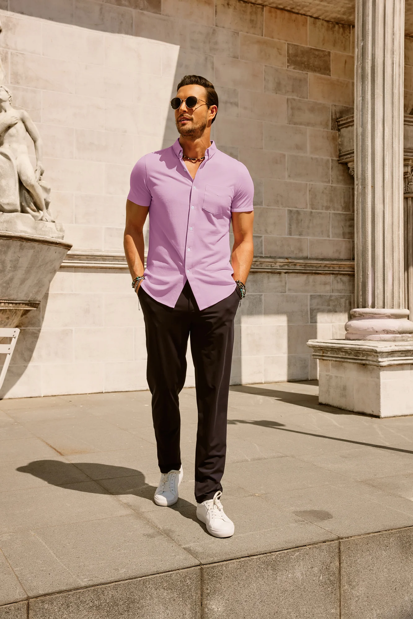 Men's Short Sleeve Oxford Shirt Slim Fit Button Down Cardigans Shirts with Chest Pocket - Image 26