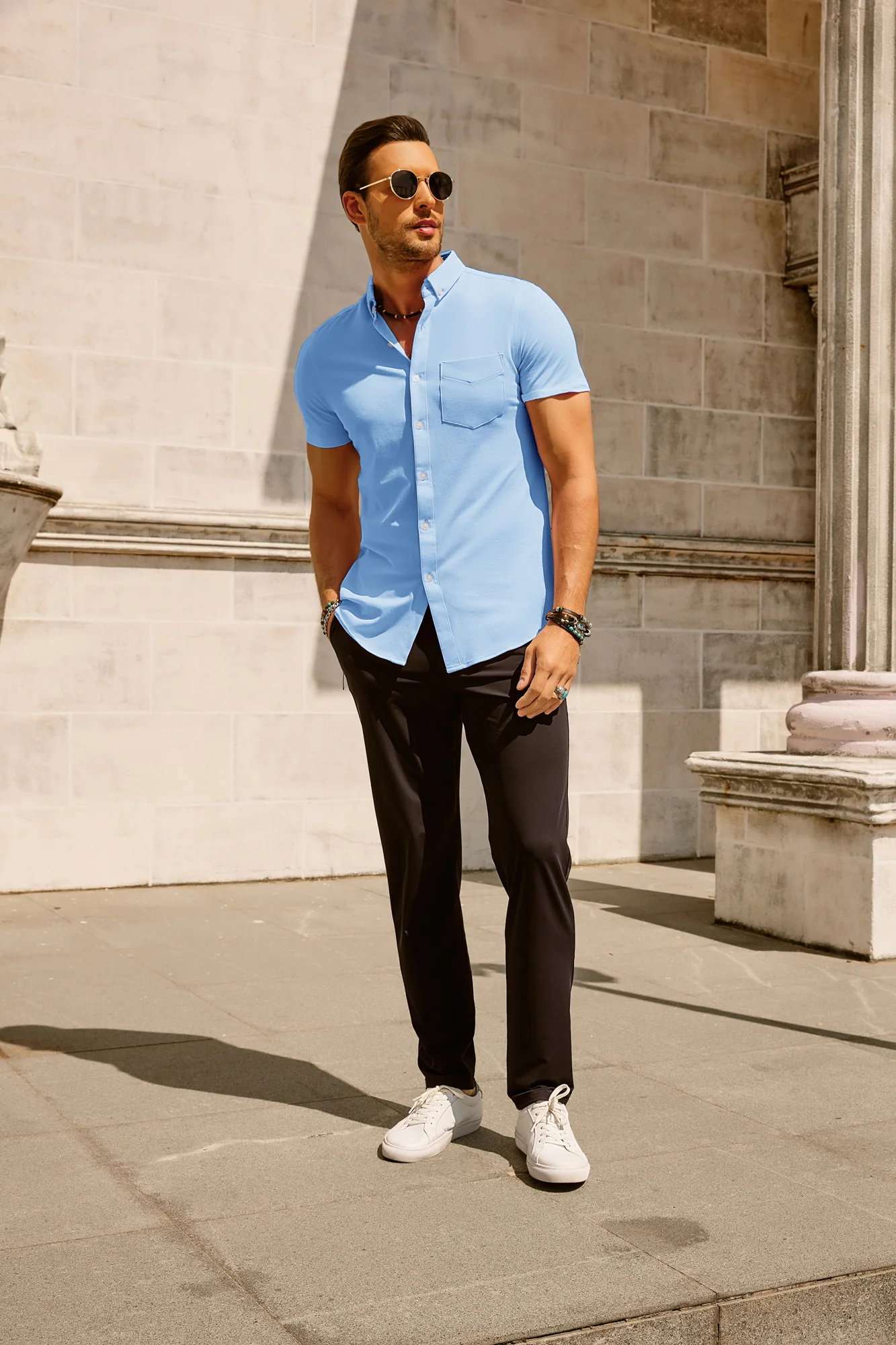 Men's Short Sleeve Oxford Shirt Slim Fit Button Down Cardigans Shirts with Chest Pocket - Image 33