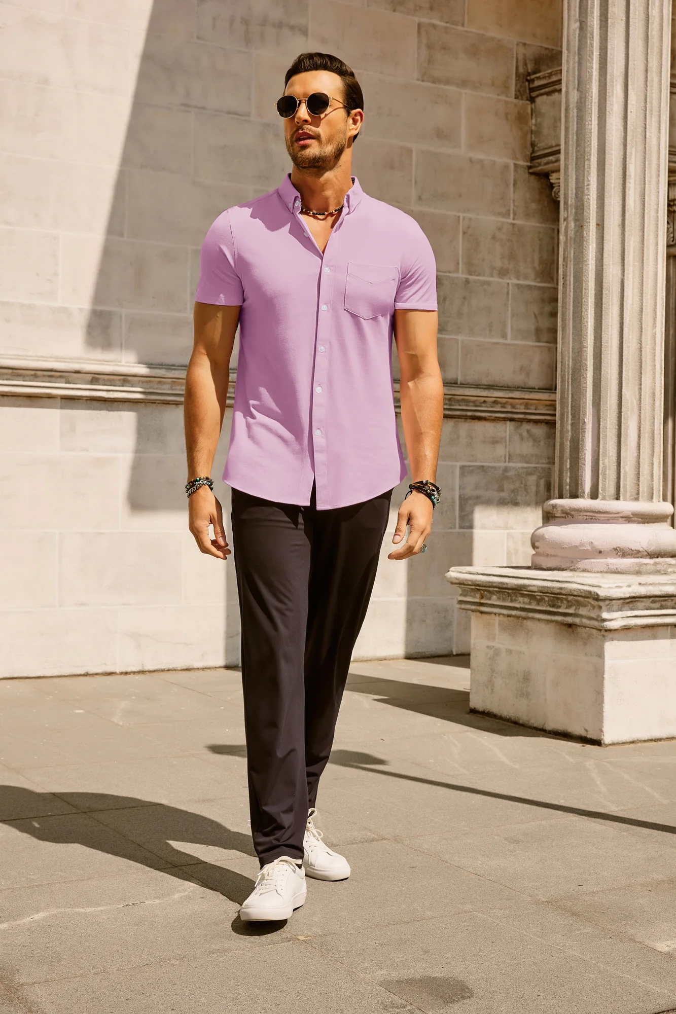 Men's Short Sleeve Oxford Shirt Slim Fit Button Down Cardigans Shirts with Chest Pocket - Image 51