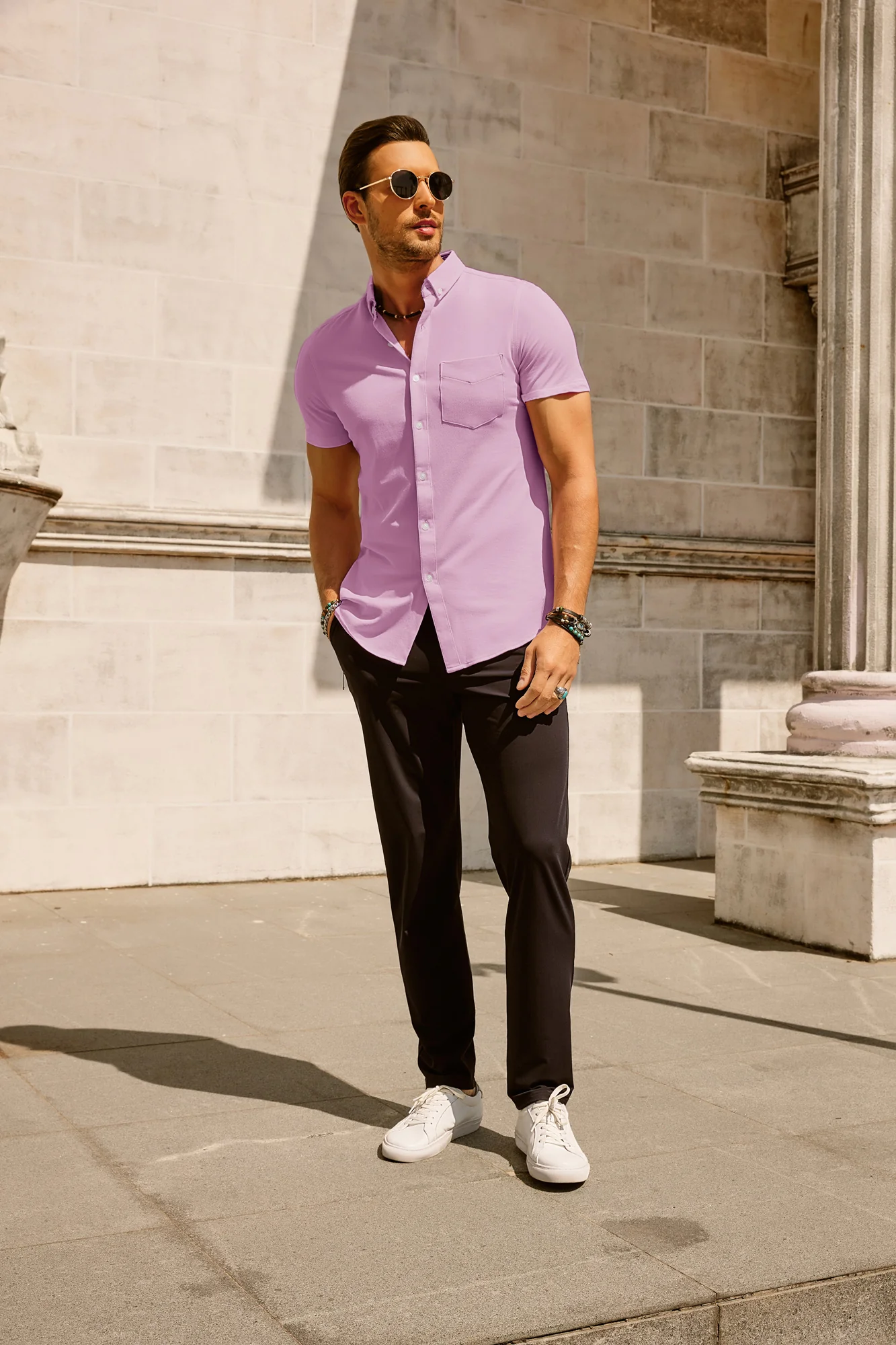 Men's Short Sleeve Oxford Shirt Slim Fit Button Down Cardigans Shirts with Chest Pocket - Image 52