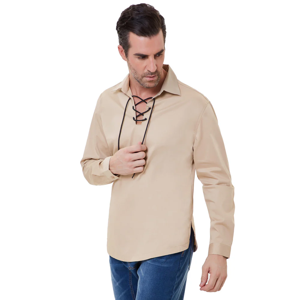 Mens Scottish Jacobite Ghillie Kilt Shirt Lace up Pirate Renaissance Pullover Long Sleeve Tops - Image 10