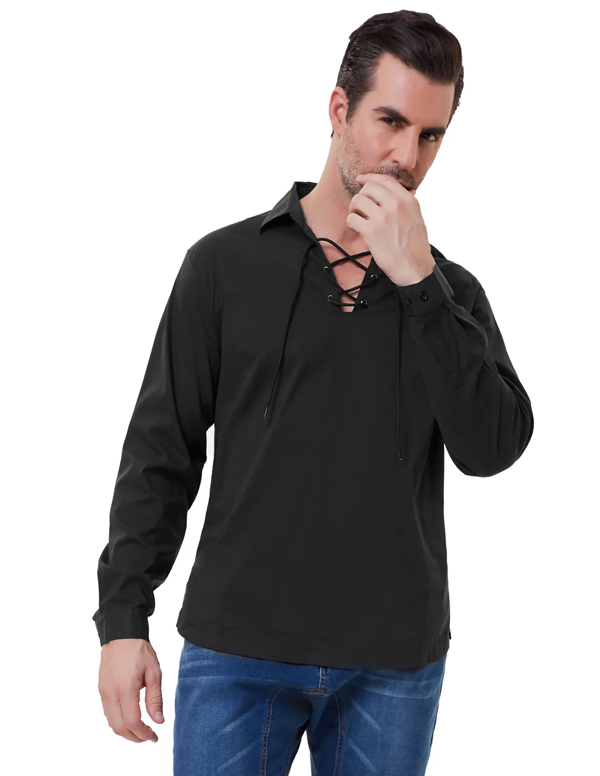 Mens Scottish Jacobite Ghillie Kilt Shirt Lace up Pirate Renaissance Pullover Long Sleeve Tops - Image 5