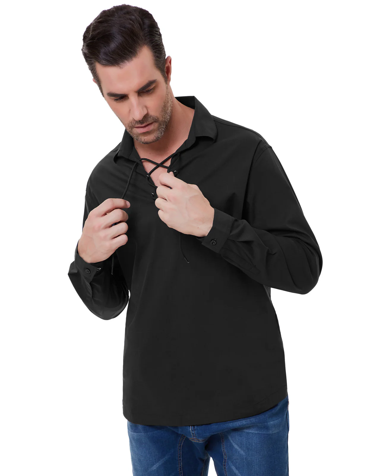 Mens Scottish Jacobite Ghillie Kilt Shirt Lace up Pirate Renaissance Pullover Long Sleeve Tops - Image 6