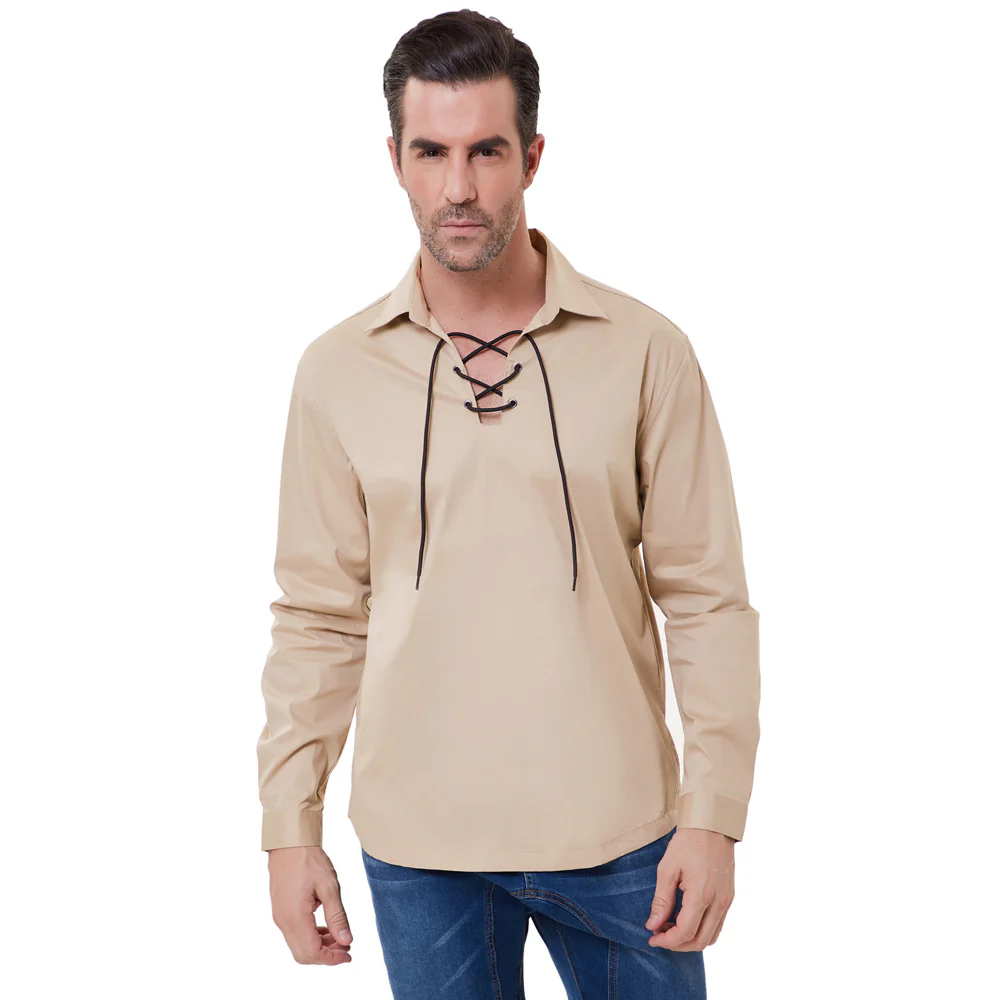 Mens Scottish Jacobite Ghillie Kilt Shirt Lace up Pirate Renaissance Pullover Long Sleeve Tops - Image 9