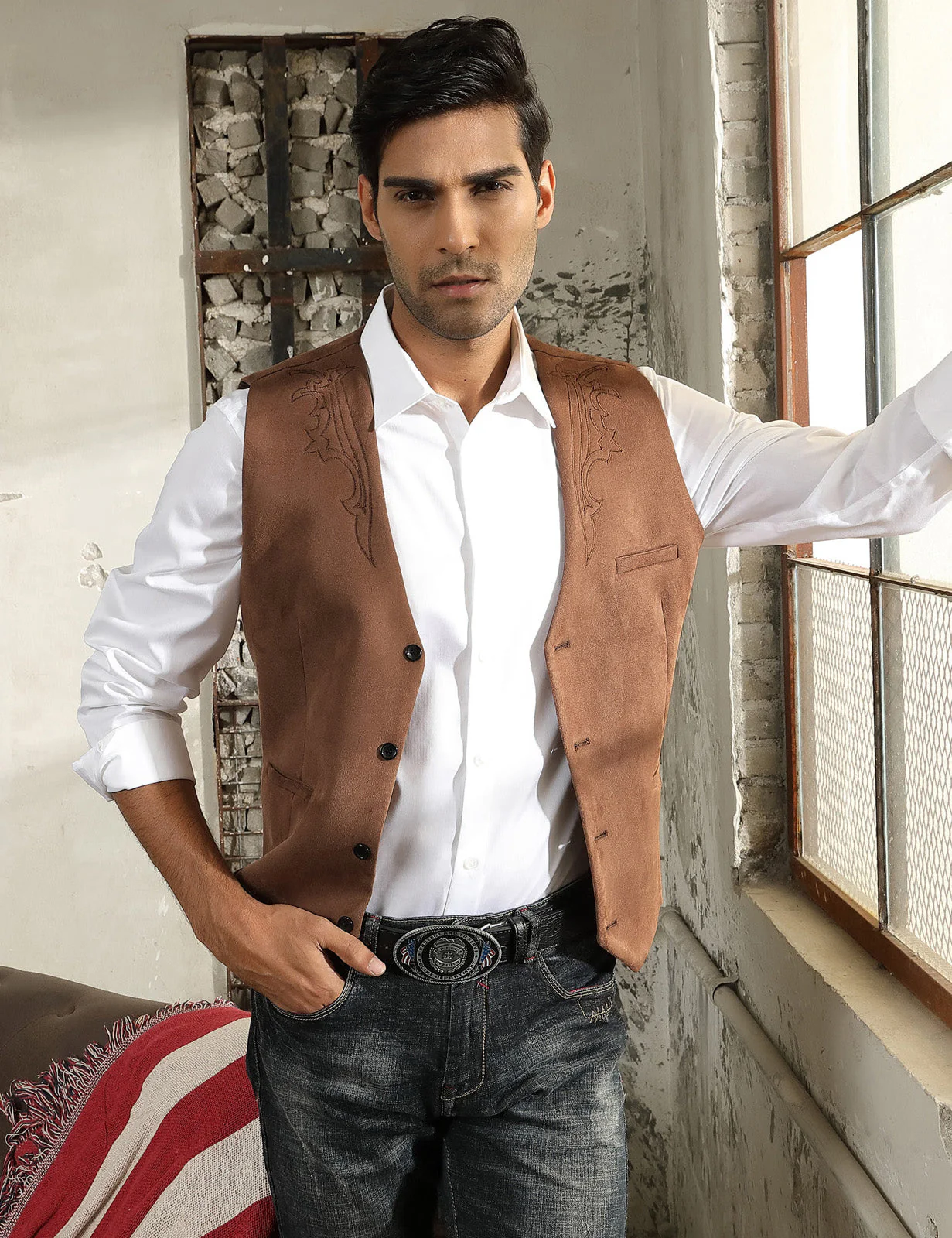 Men's Suede Leather Suit Vest Embroidery Casual Slim Fit Western Vest Waistcoats - Image 10