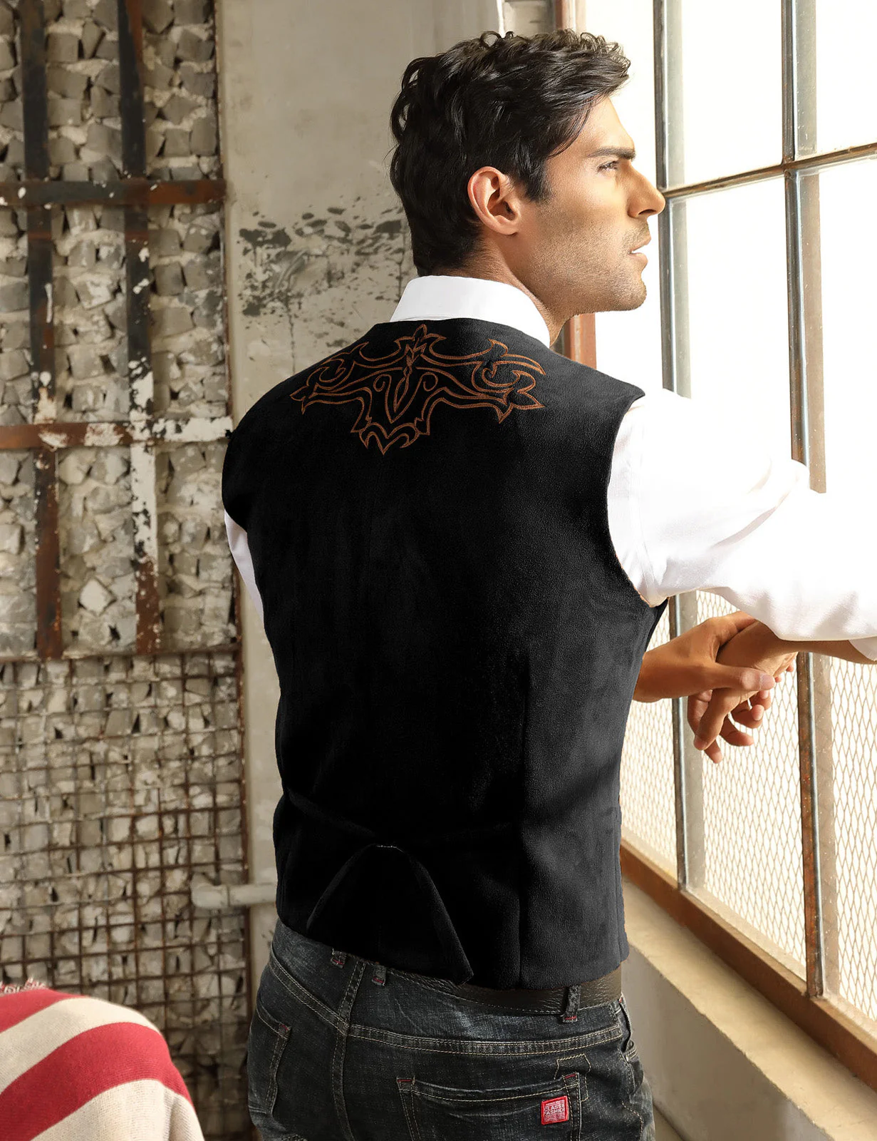 Men's Suede Leather Suit Vest Embroidery Casual Slim Fit Western Vest Waistcoats - Image 19