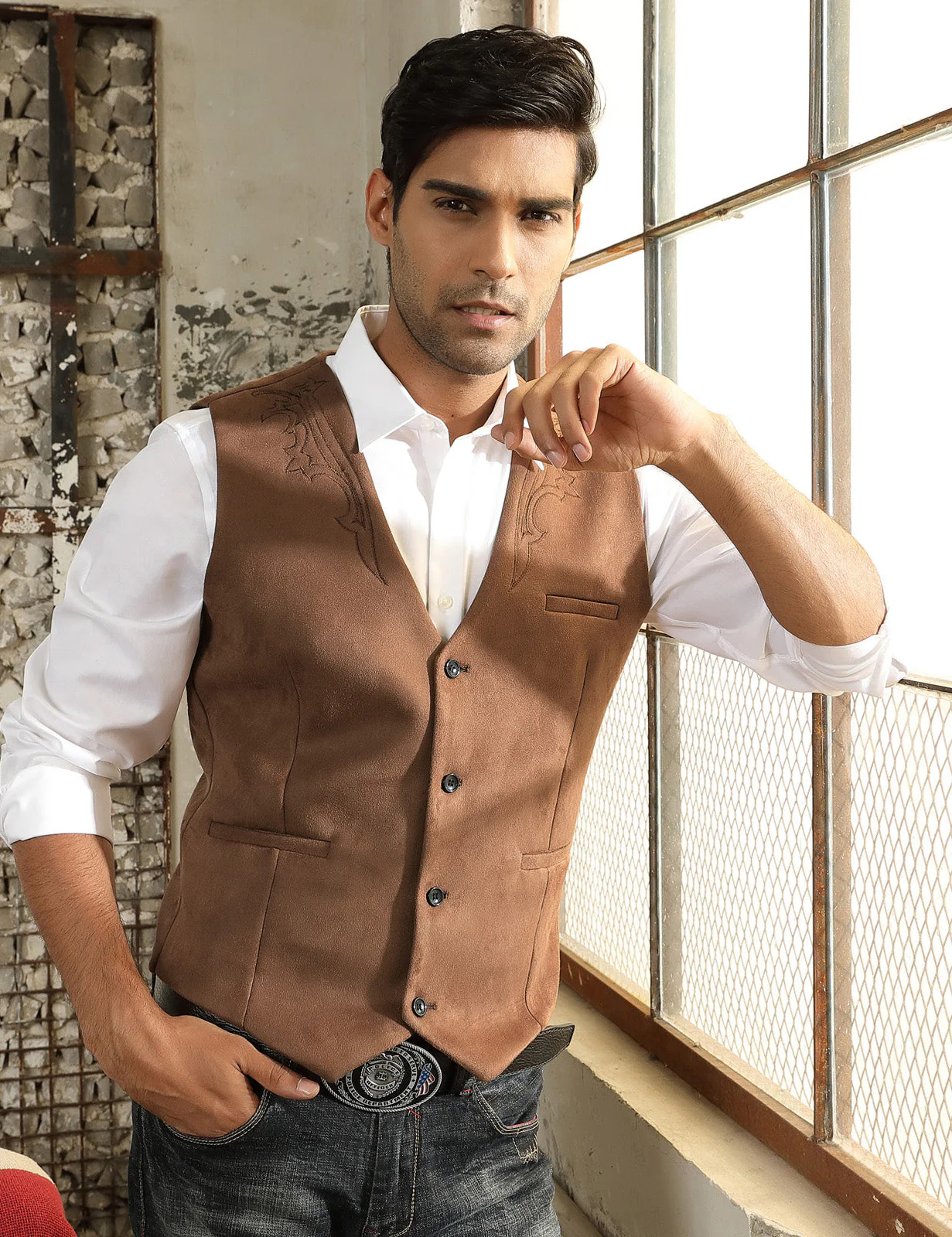 Men's Suede Leather Suit Vest Embroidery Leisure Slim Fit Western Vest Waistcoat - Image 12