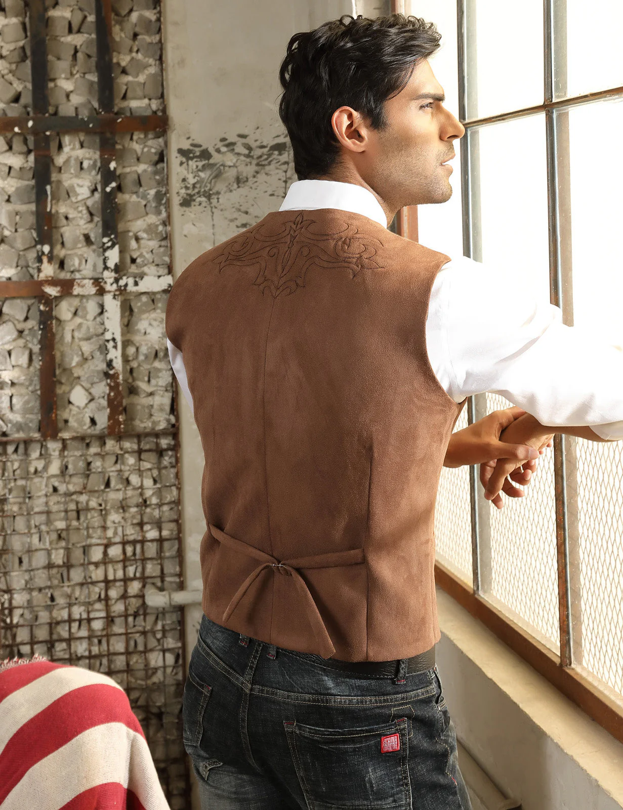 Men's Suede Leather Suit Vest Embroidery Leisure Slim Fit Western Vest Waistcoat - Image 14