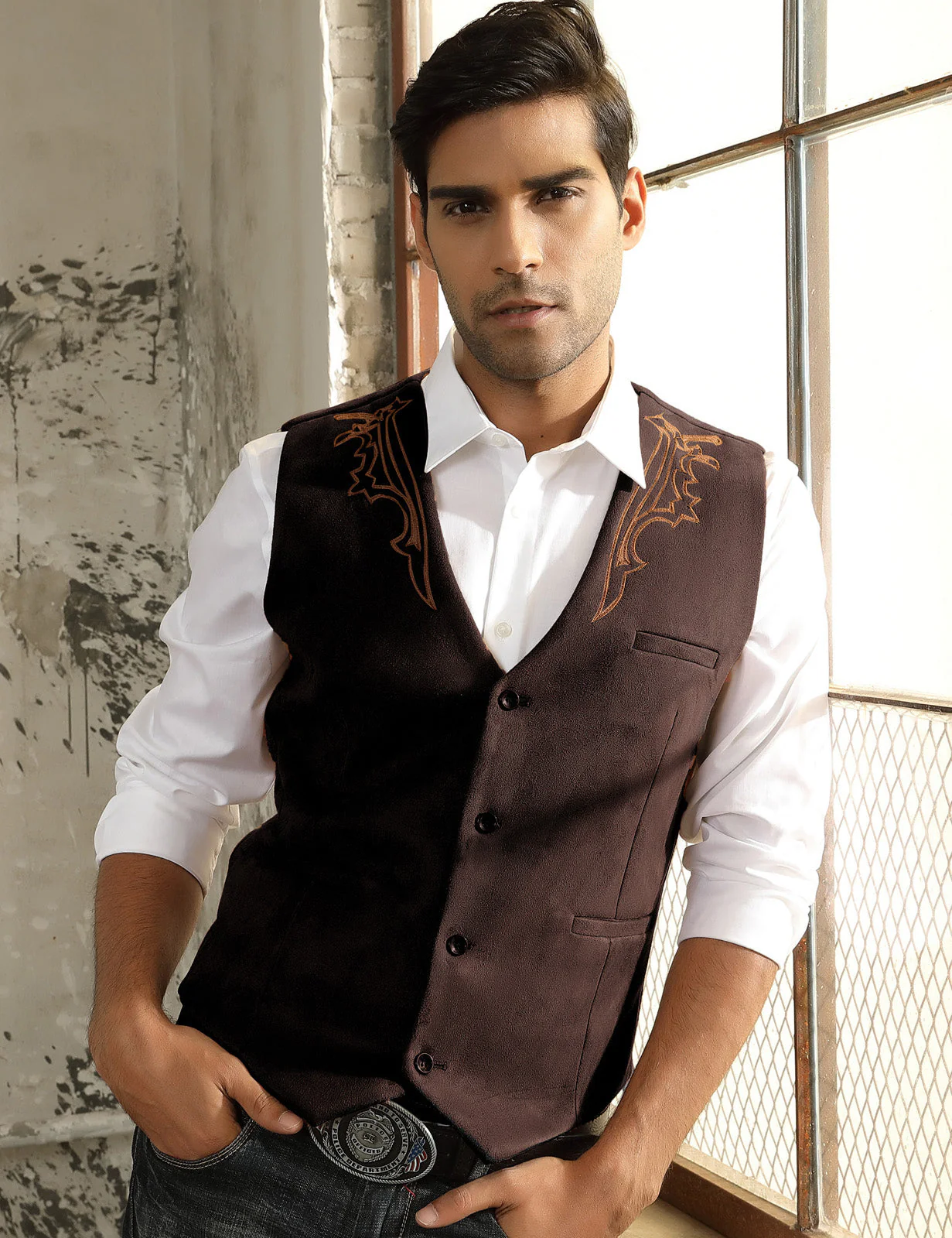 Men's Suede Leather Suit Vest Embroidery Leisure Slim Fit Western Vest Waistcoat - Image 17