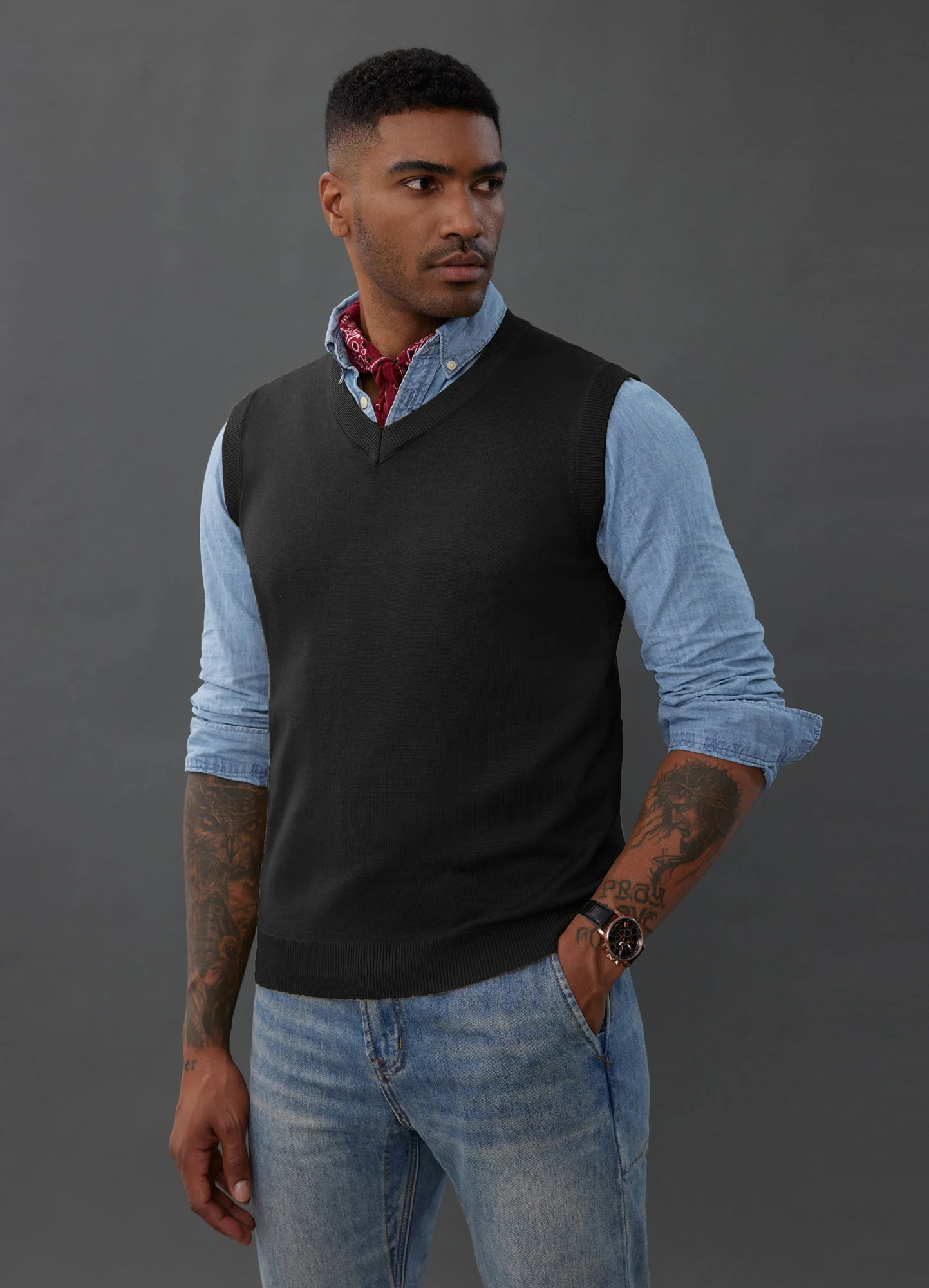 Mens V-Neck Knitted Sweater Vest Solid Plain Sleeveless Pullover Knitwear - Image 10