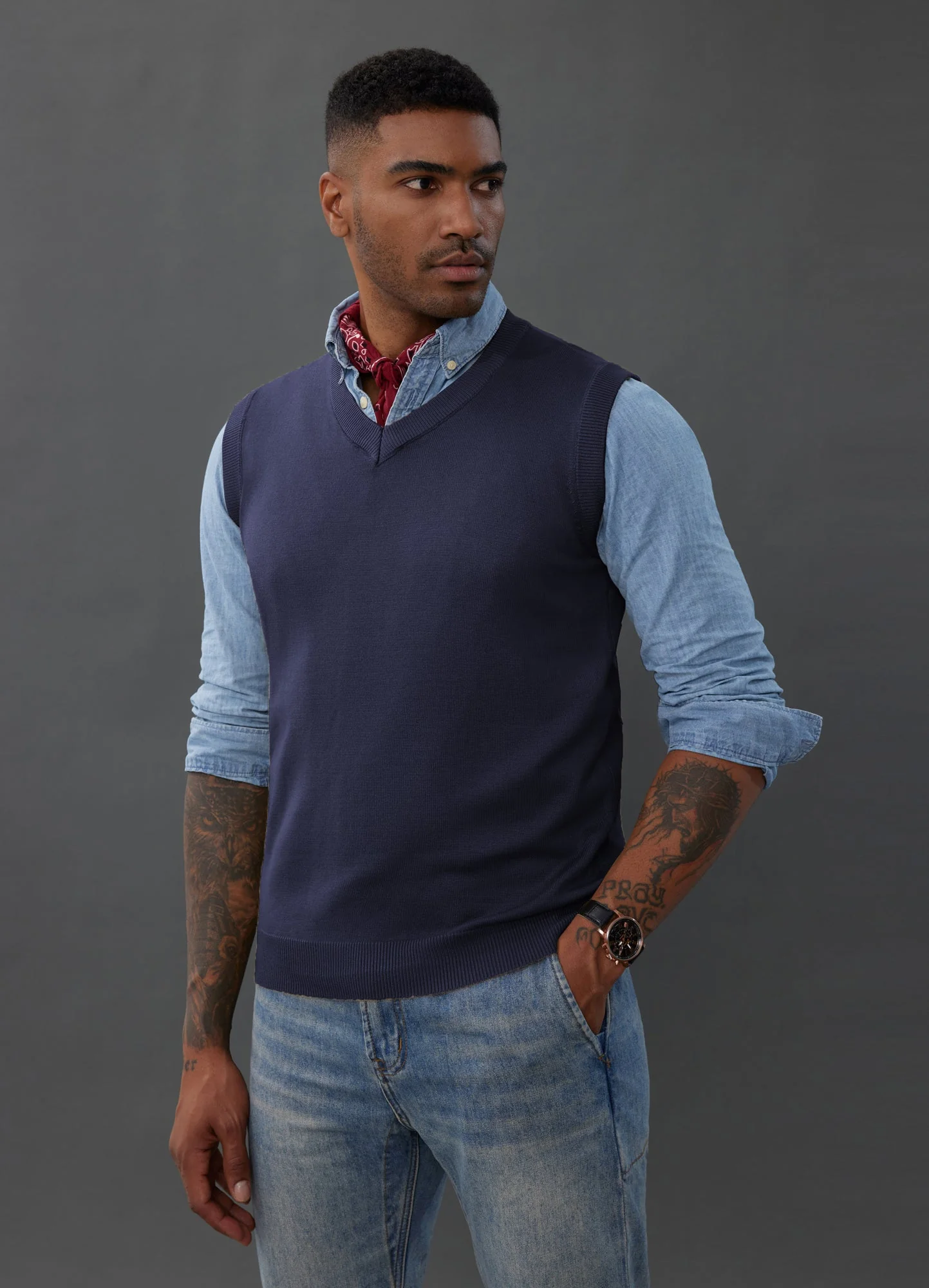 Mens V-Neck Knitted Sweater Vest Solid Plain Sleeveless Pullover Knitwear - Image 16