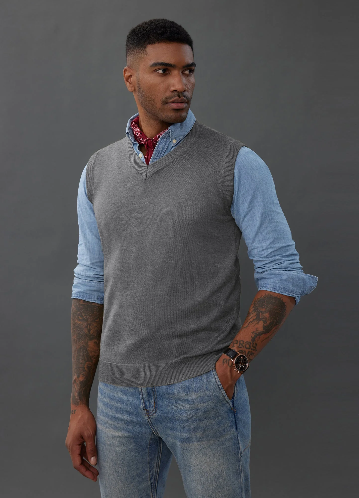 Mens V-Neck Knitted Sweater Vest Solid Plain Sleeveless Pullover Knitwear - Image 22