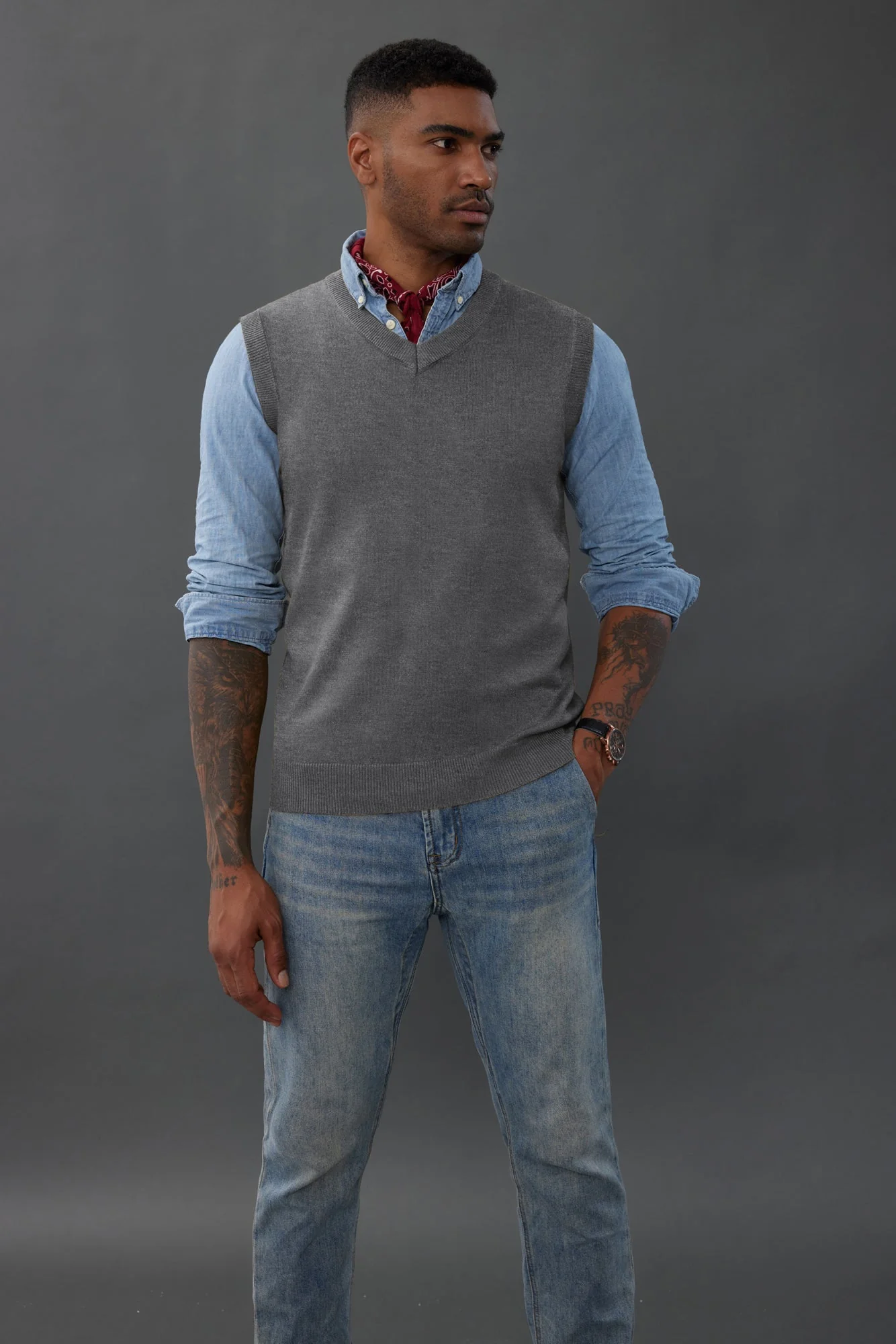 Mens V-Neck Knitted Sweater Vest Solid Plain Sleeveless Pullover Knitwear - Image 23