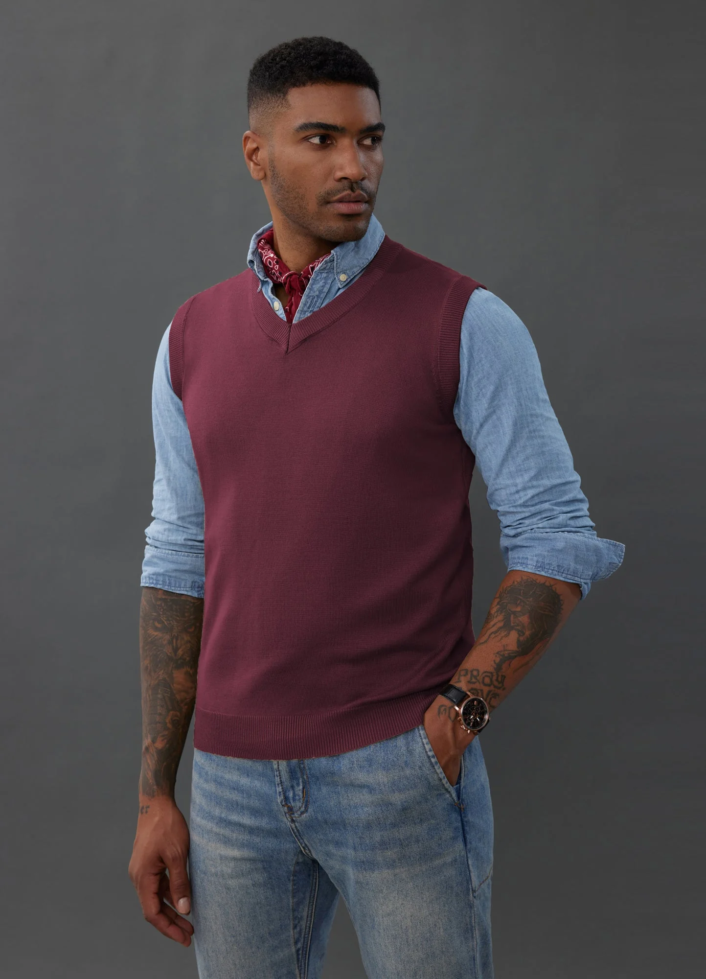Mens V-Neck Knitted Sweater Vest Solid Plain Sleeveless Pullover Knitwear - Image 29