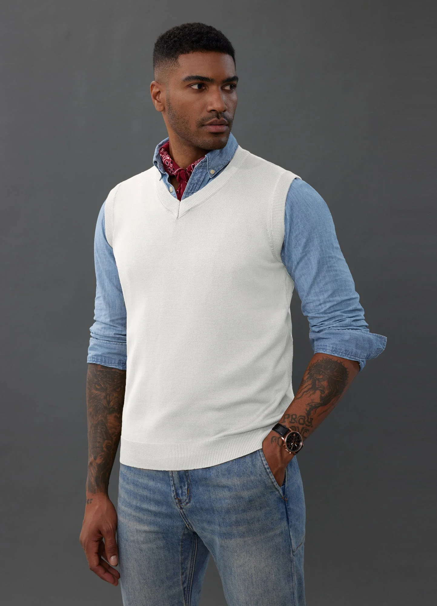 Mens V-Neck Knitted Sweater Vest Solid Plain Sleeveless Pullover Knitwear - Image 35