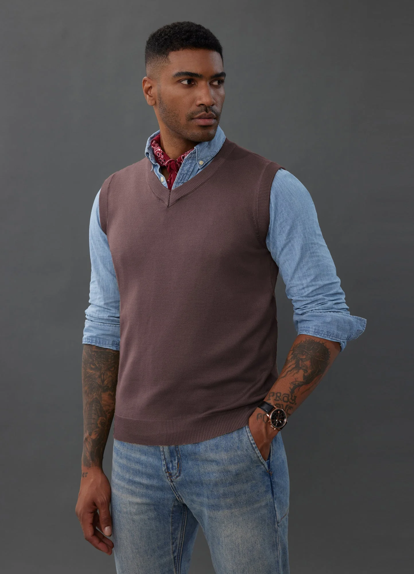 Mens V-Neck Knitted Sweater Vest Solid Plain Sleeveless Pullover Knitwear - Image 38