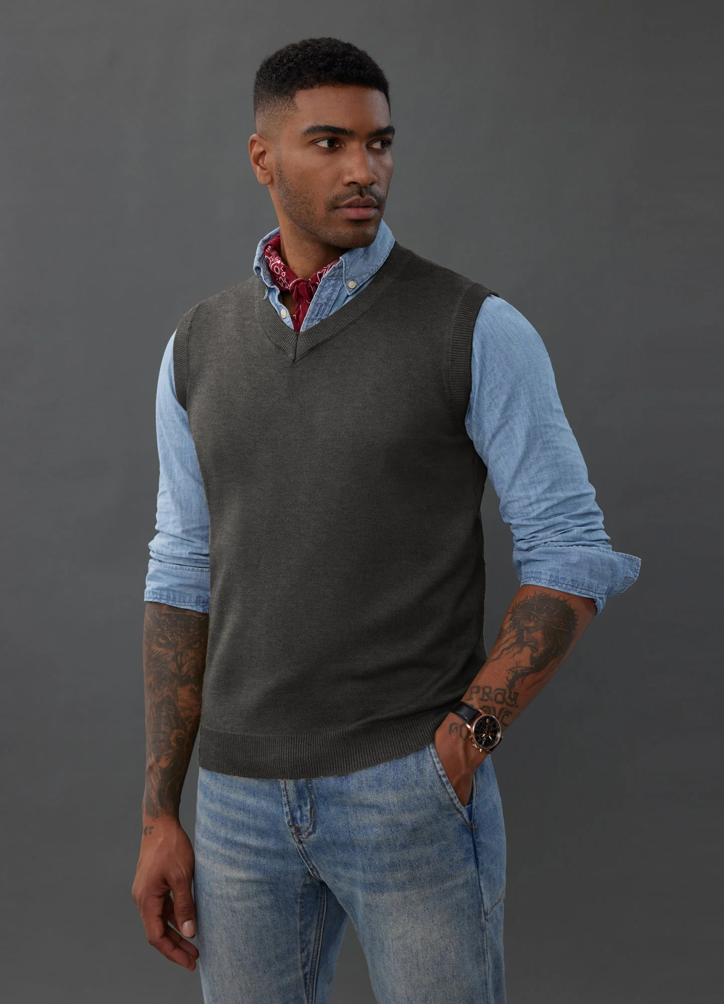 Mens V-Neck Knitted Sweater Vest Solid Plain Sleeveless Pullover Knitwear - Image 47