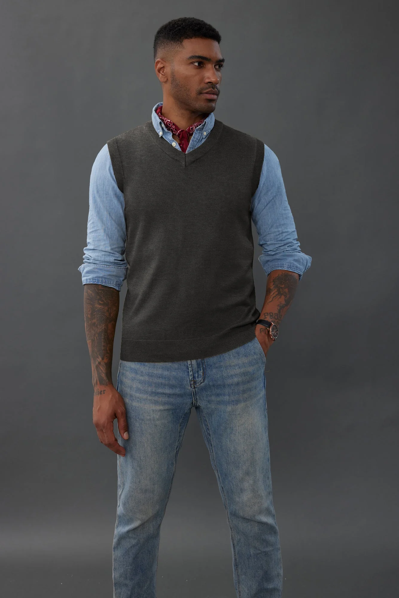 Mens V-Neck Knitted Sweater Vest Solid Plain Sleeveless Pullover Knitwear - Image 49