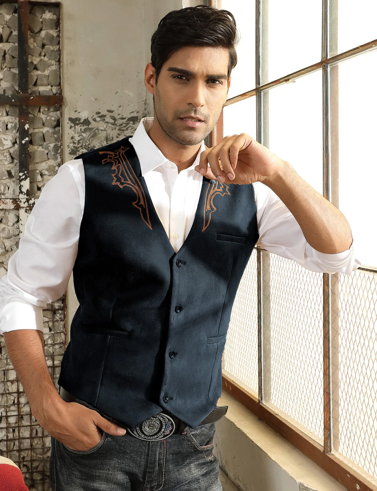 Men's Suede Leather Suit Vest Embroidery Casual Slim Fit Western Vest Waistcoats - Image 25