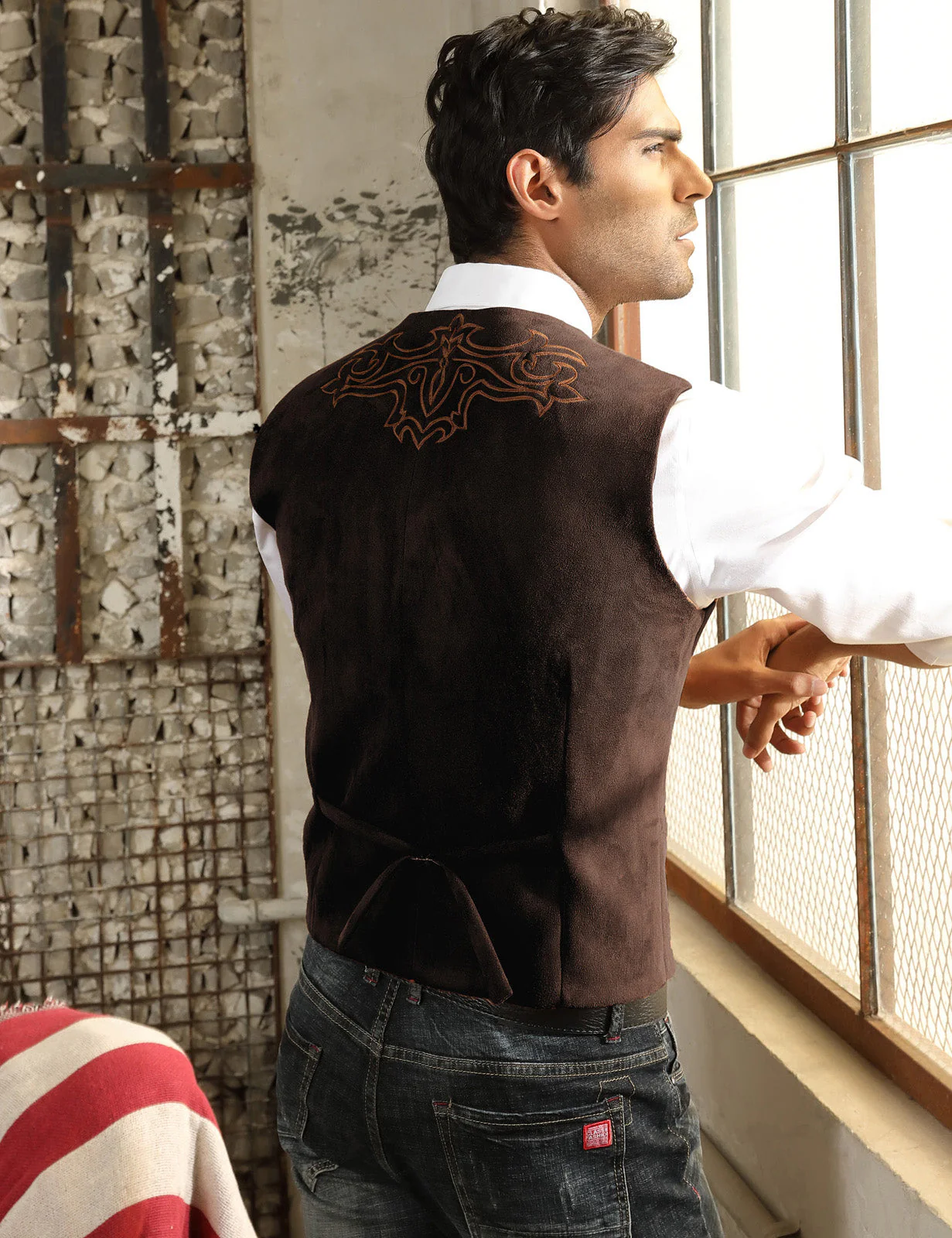 Men's Suede Leather Suit Vest Embroidery Casual Slim Fit Western Vest Waistcoats - Image 6