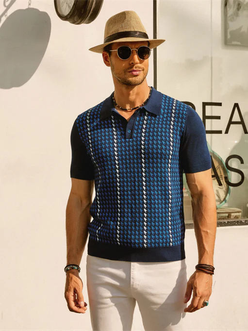 Men's Vintage Polo Pullover Shirts Lightweight Knit Houndstooth Golf Shirts - Image 11
