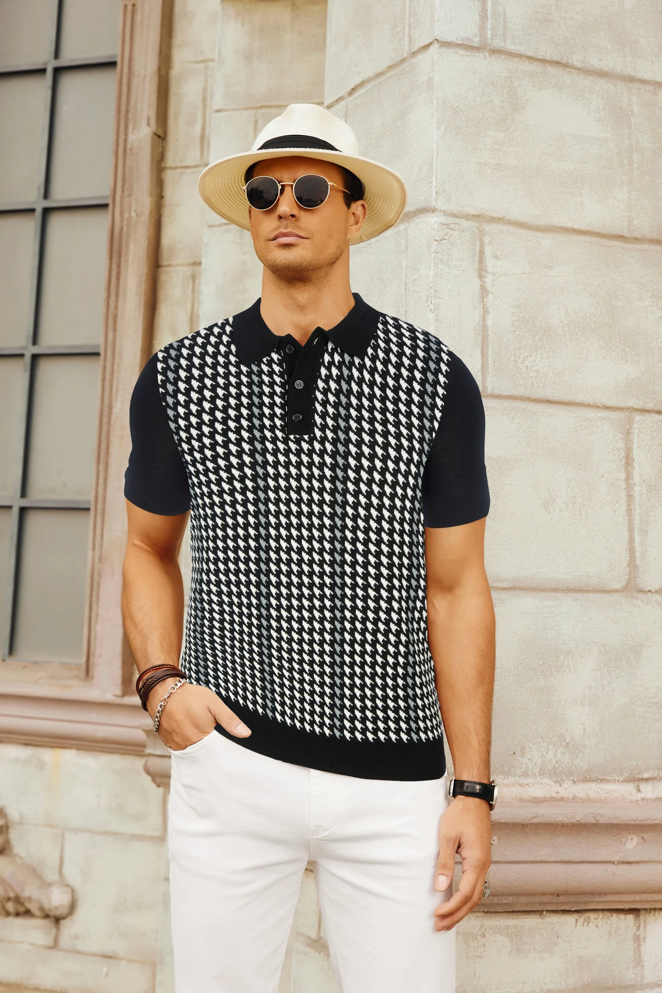 Men's Vintage Polo Pullover Shirts Lightweight Knit Houndstooth Golf Shirts - Image 14