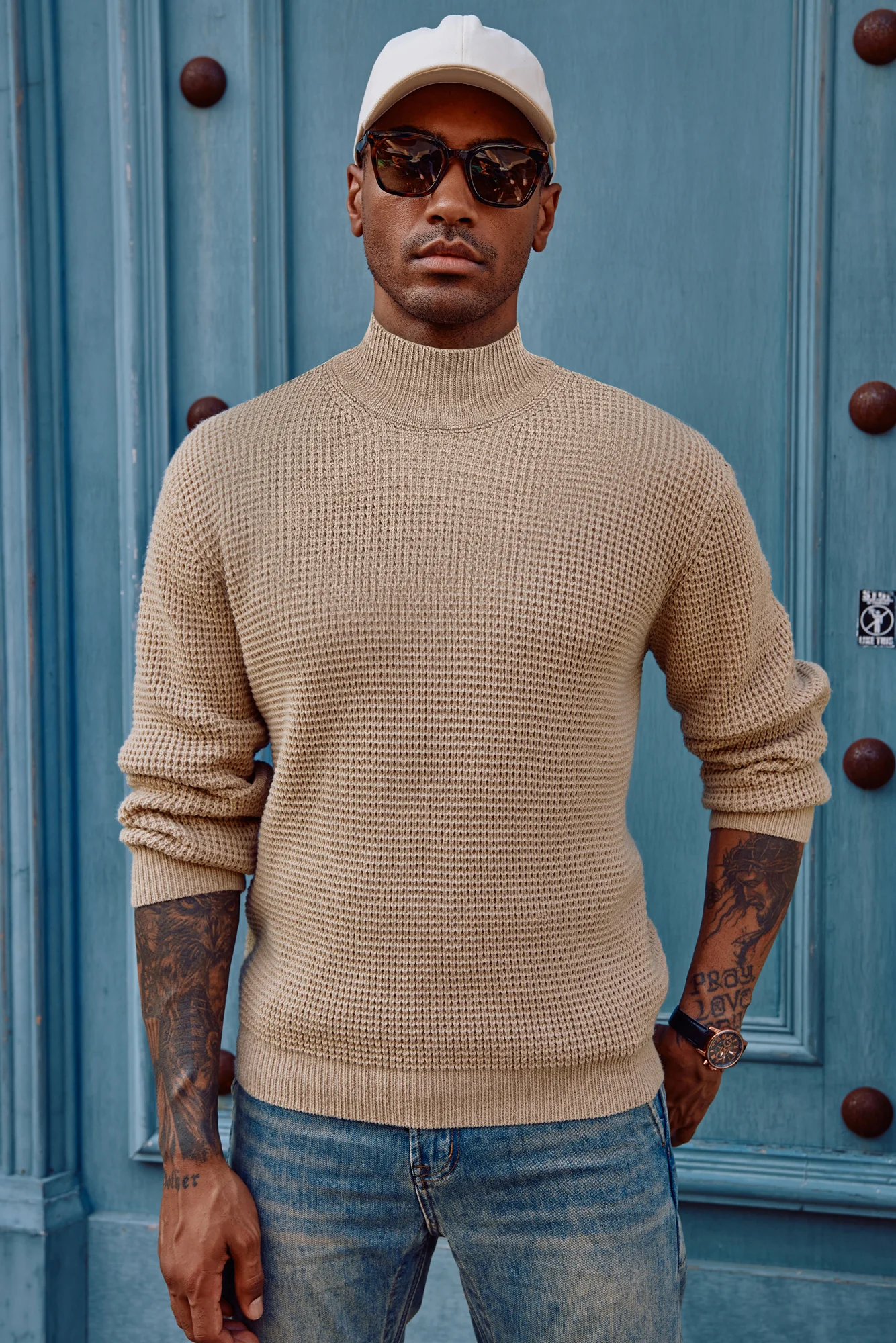 Mock Neck Sweaters Waffle Cable Knit Pullover Sweater - Image 10