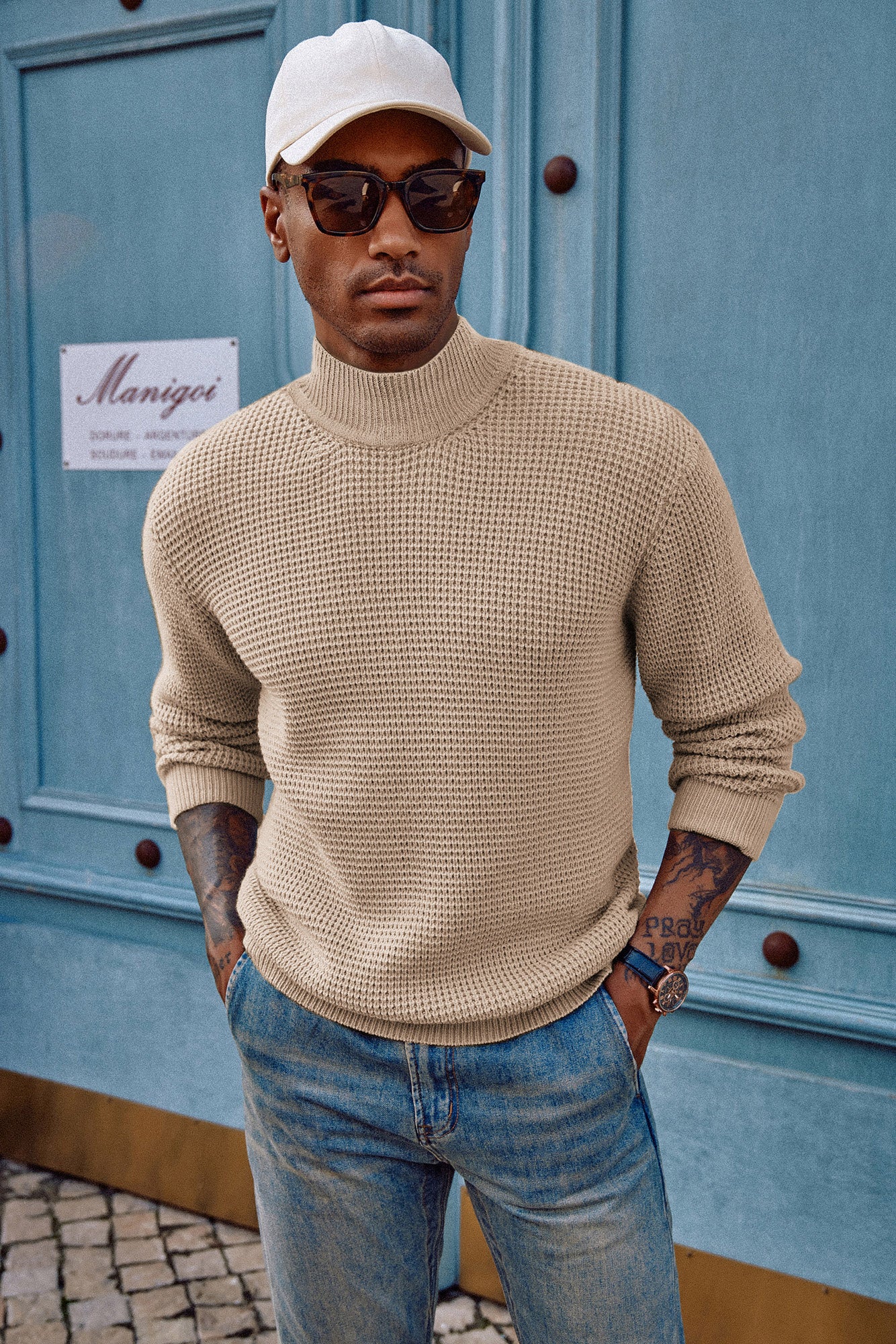 Mock Neck Sweaters Waffle Cable Knit Pullover Sweater - Image 11