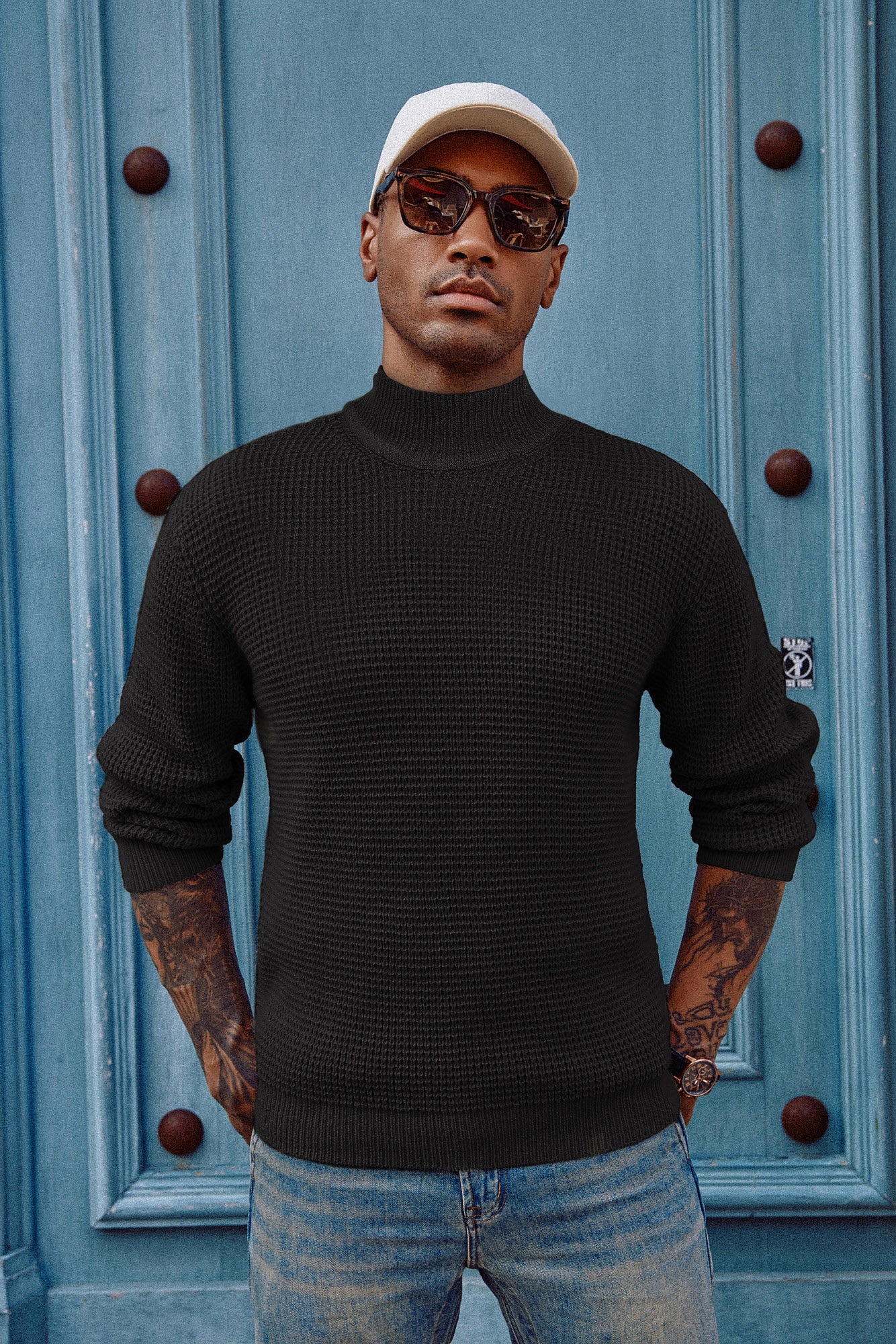 Mock Neck Sweaters Waffle Cable Knit Pullover Sweater - Image 14
