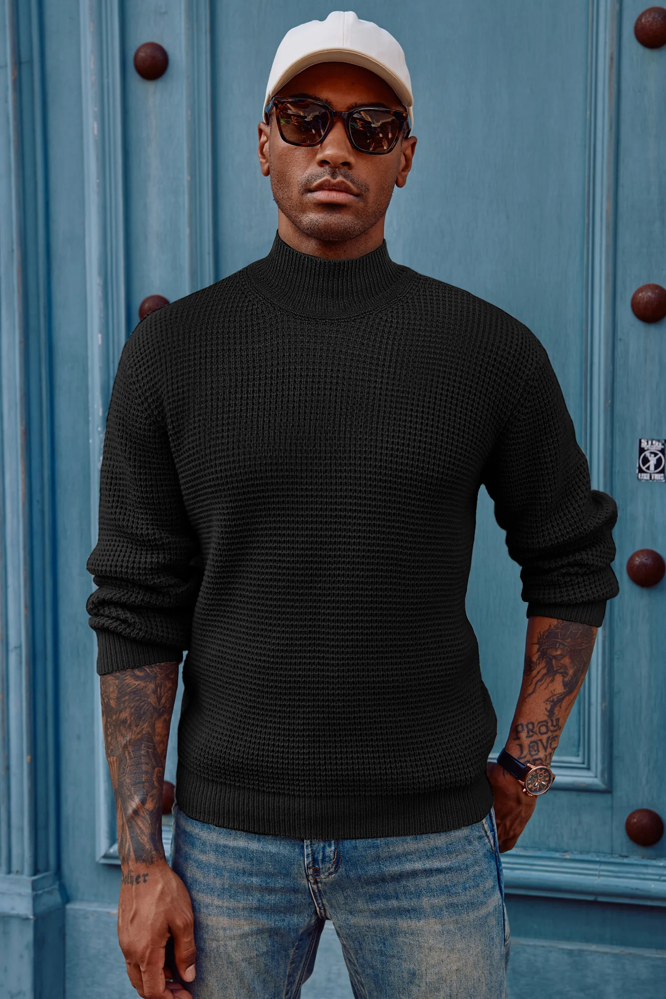 Mock Neck Sweaters Waffle Cable Knit Pullover Sweater - Image 15