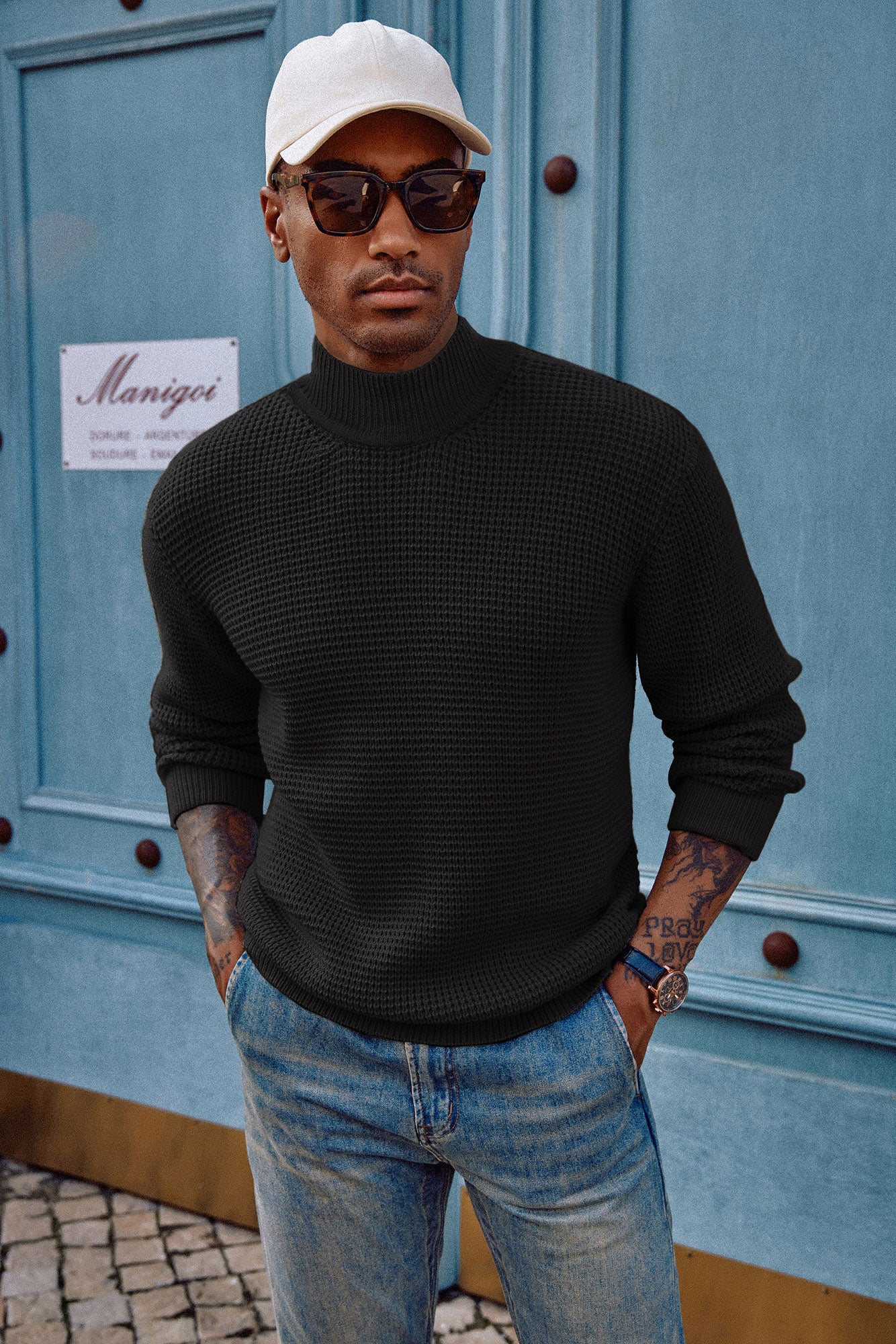 Mock Neck Sweaters Waffle Cable Knit Pullover Sweater - Image 16