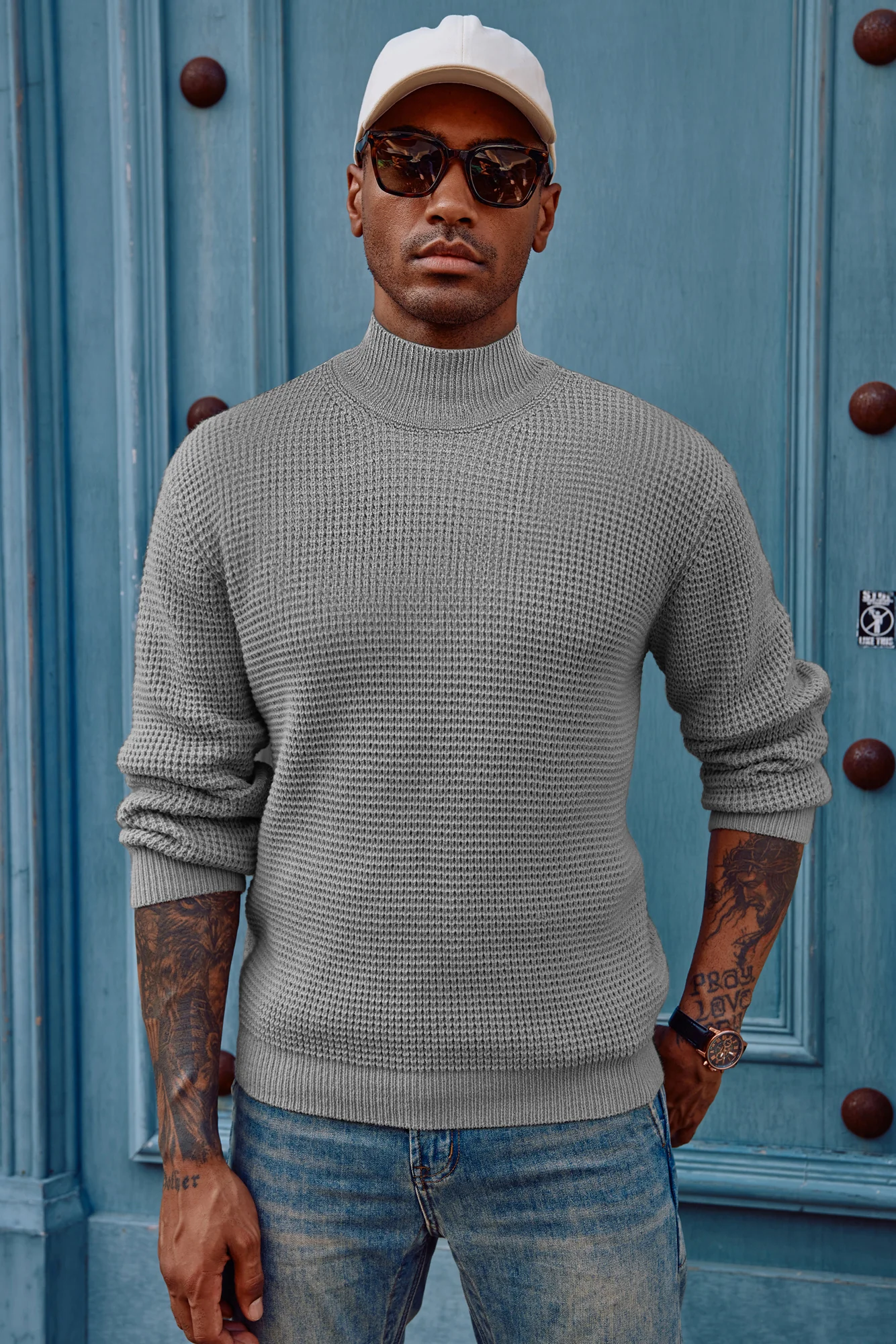 Mock Neck Sweaters Waffle Cable Knit Pullover Sweater - Image 19