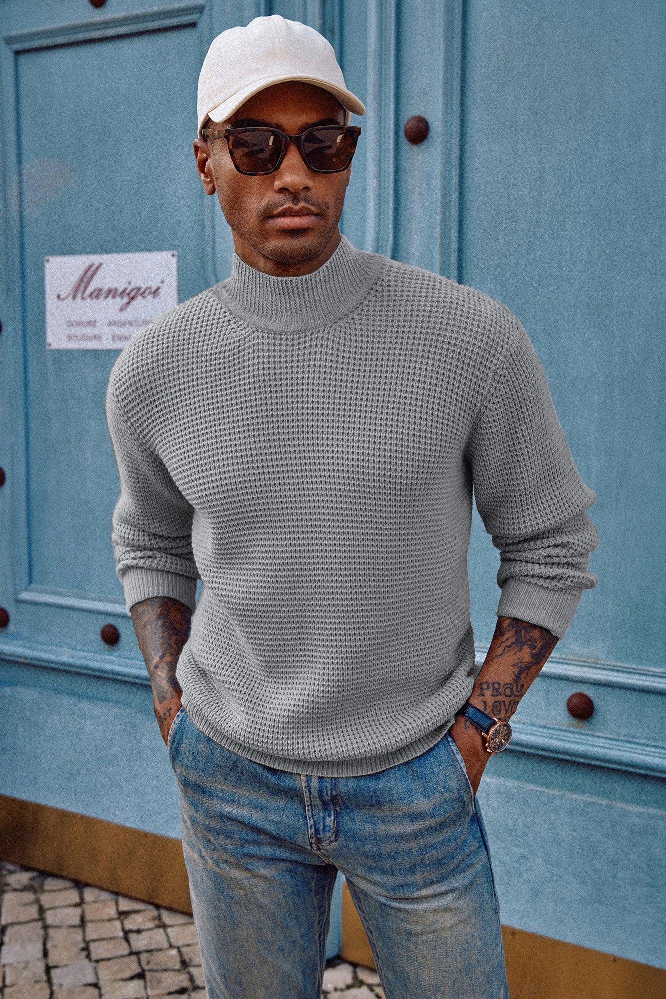 Mock Neck Sweaters Waffle Cable Knit Pullover Sweater - Image 20