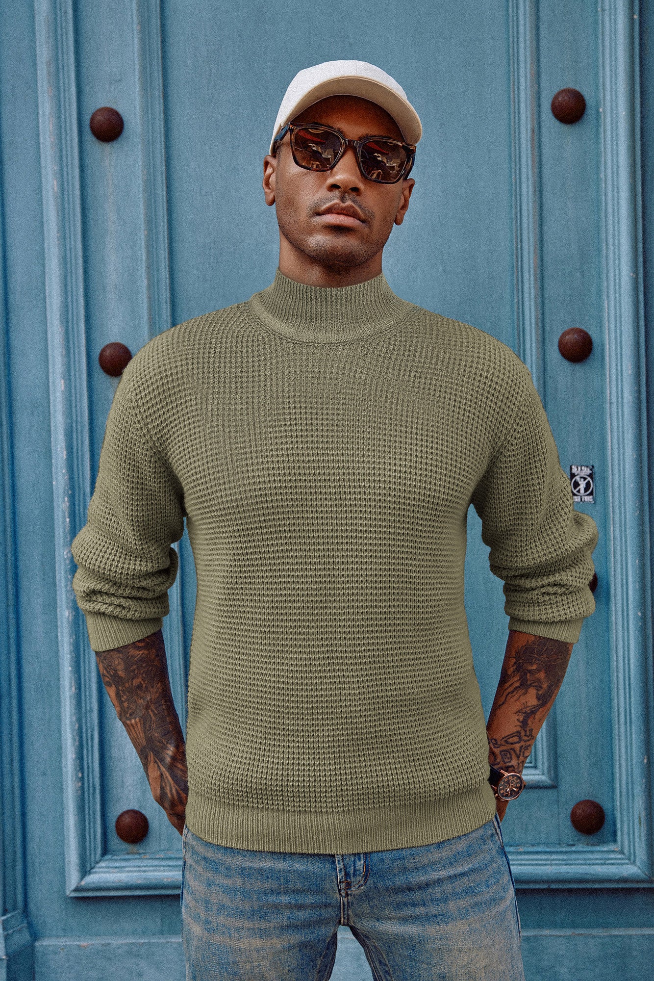 Mock Neck Sweaters Waffle Cable Knit Pullover Sweater - Image 5