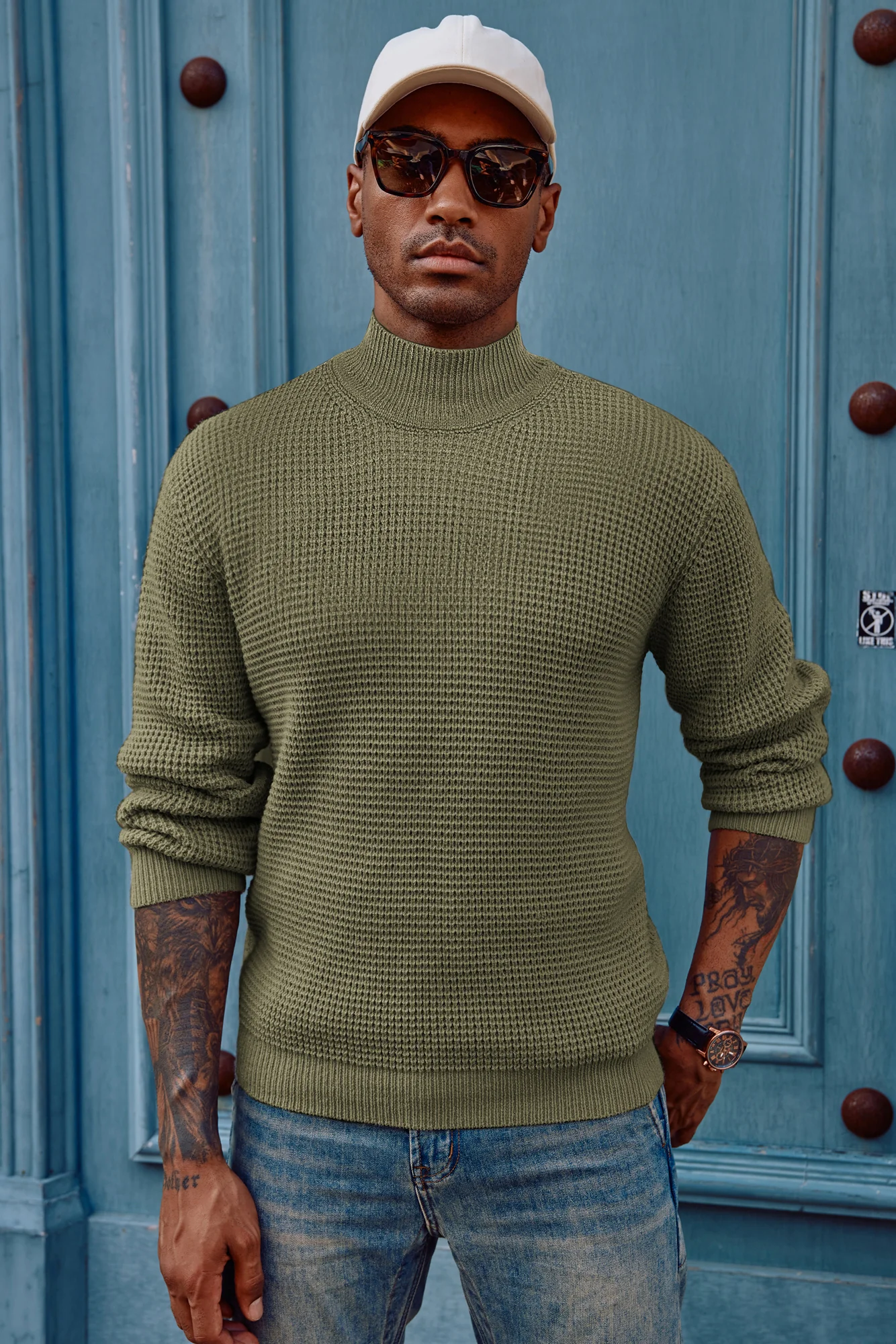 Mock Neck Sweaters Waffle Cable Knit Pullover Sweater - Image 6